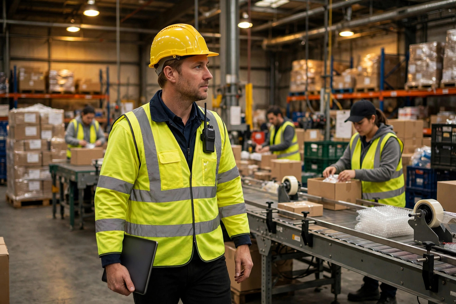 A supervisor briefing warehouse workers in safety vests on shift assignments before the shift