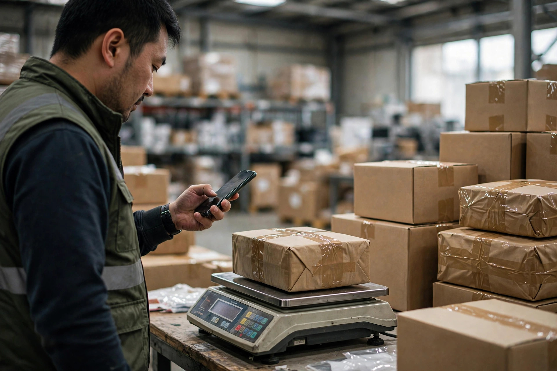 Warehouse worker photographing a weighed parcel as shipping evidence