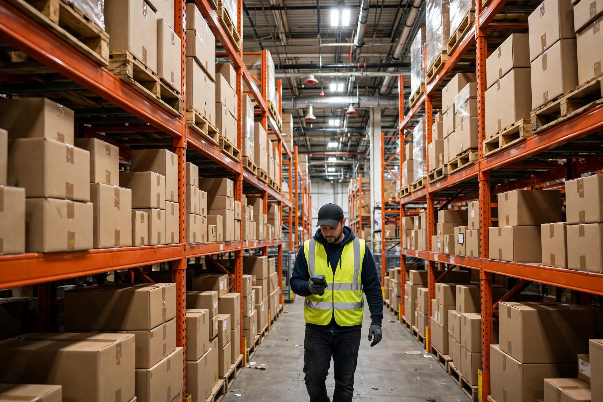 Allée d'un centre de distribution avec de hauts rayonnages orange