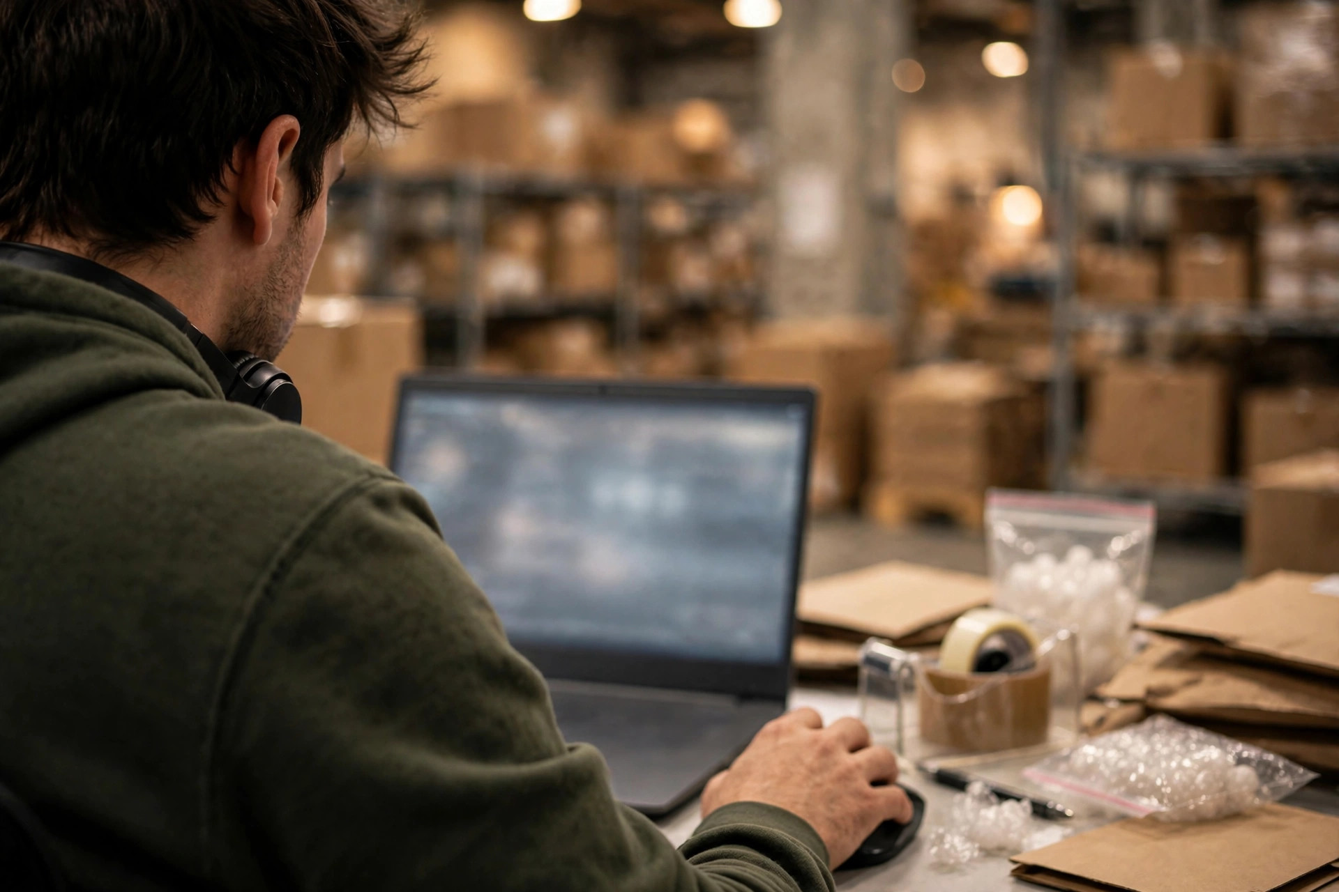 Un vendedor de comercio electrónico trabajando en una computadora dentro de una oficina de almacén