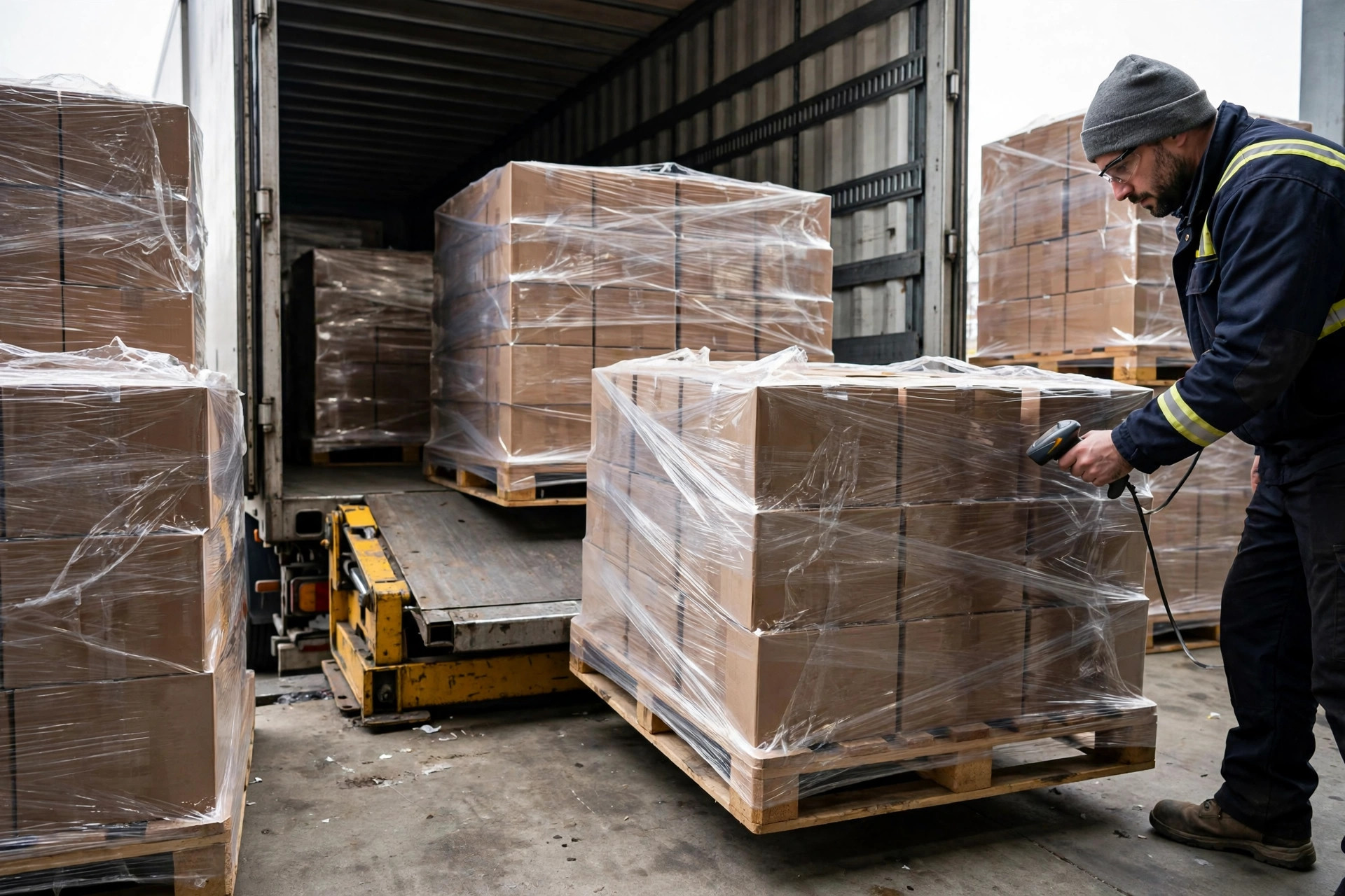 Muelle de recepción en un centro logístico estilo Amazon con palés envueltos en plástico