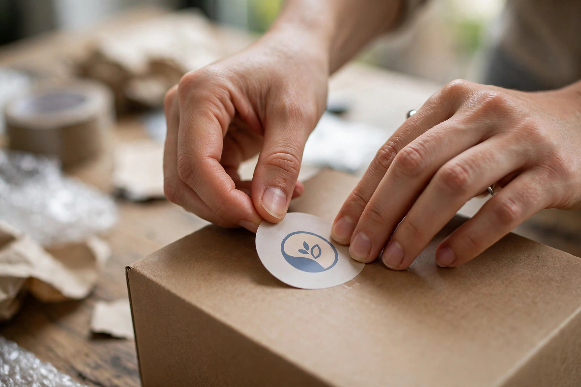Hands applying a round brand sticker to a product box on a packing table