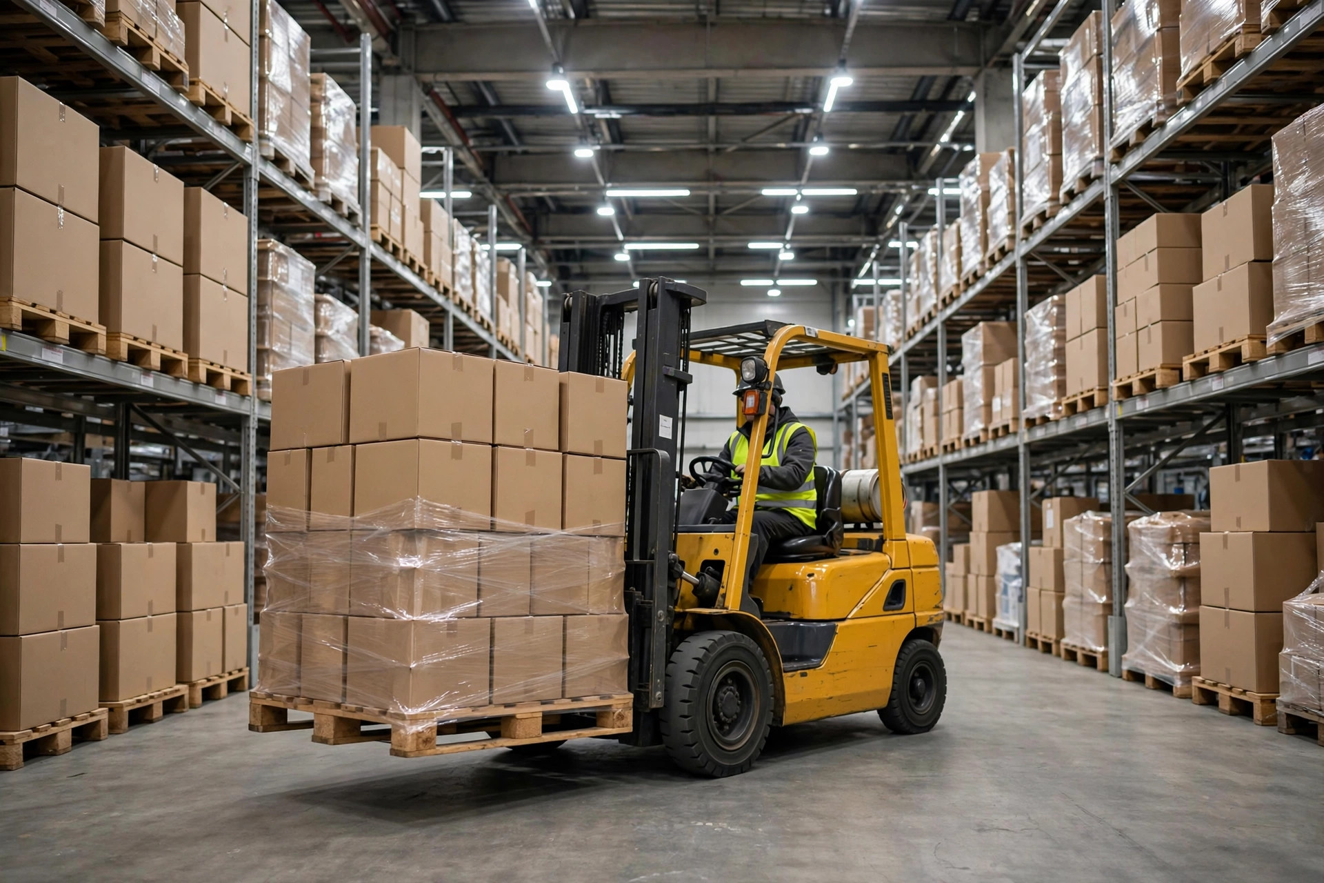 Forklift moving a fully loaded pallet inside a warehouse