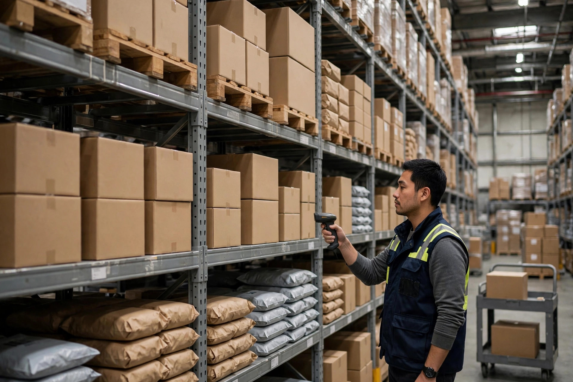 A warehouse picker scanning products in front of stocked shelves