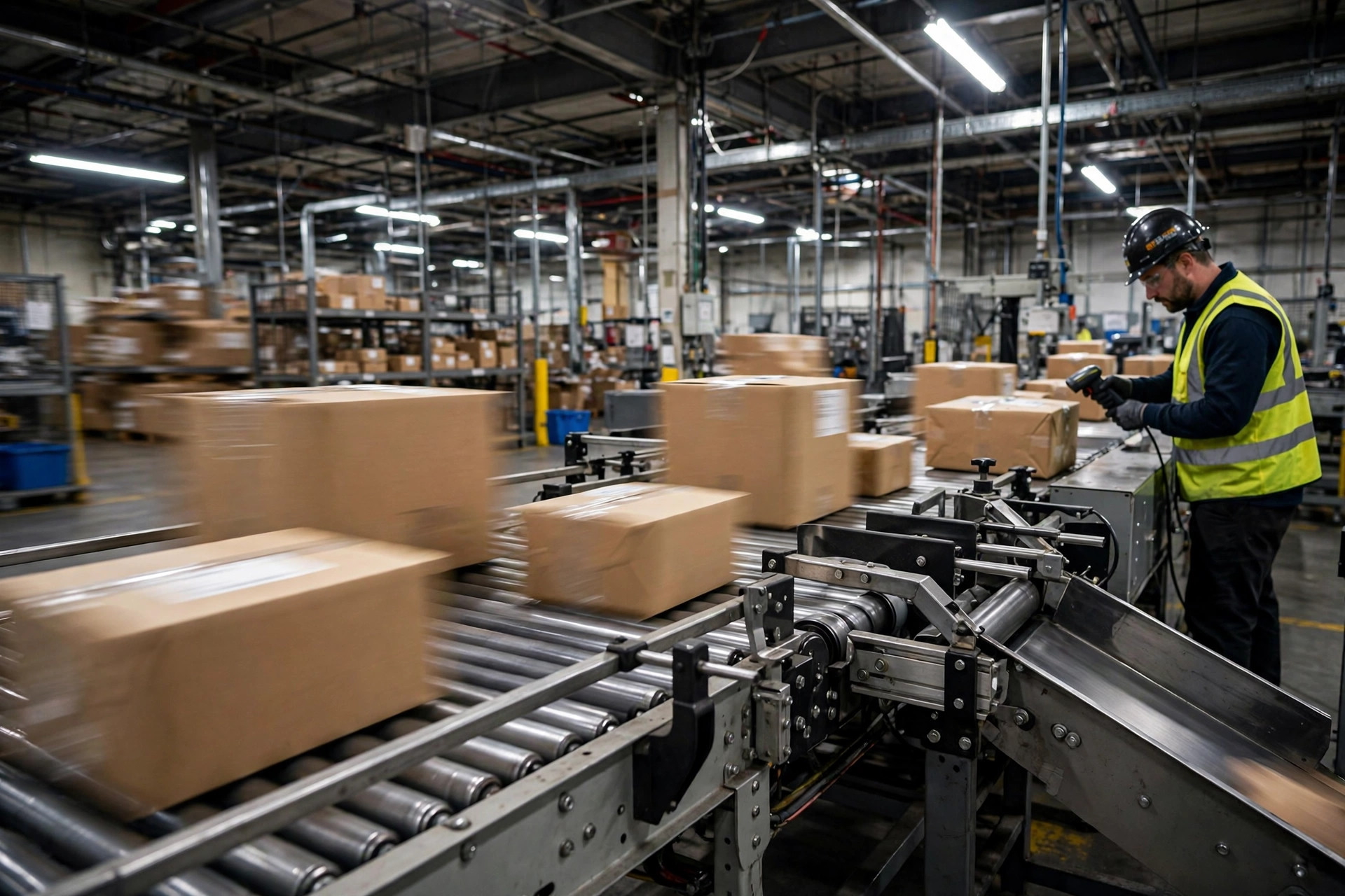 Parcel sortation line in a fulfillment warehouse
