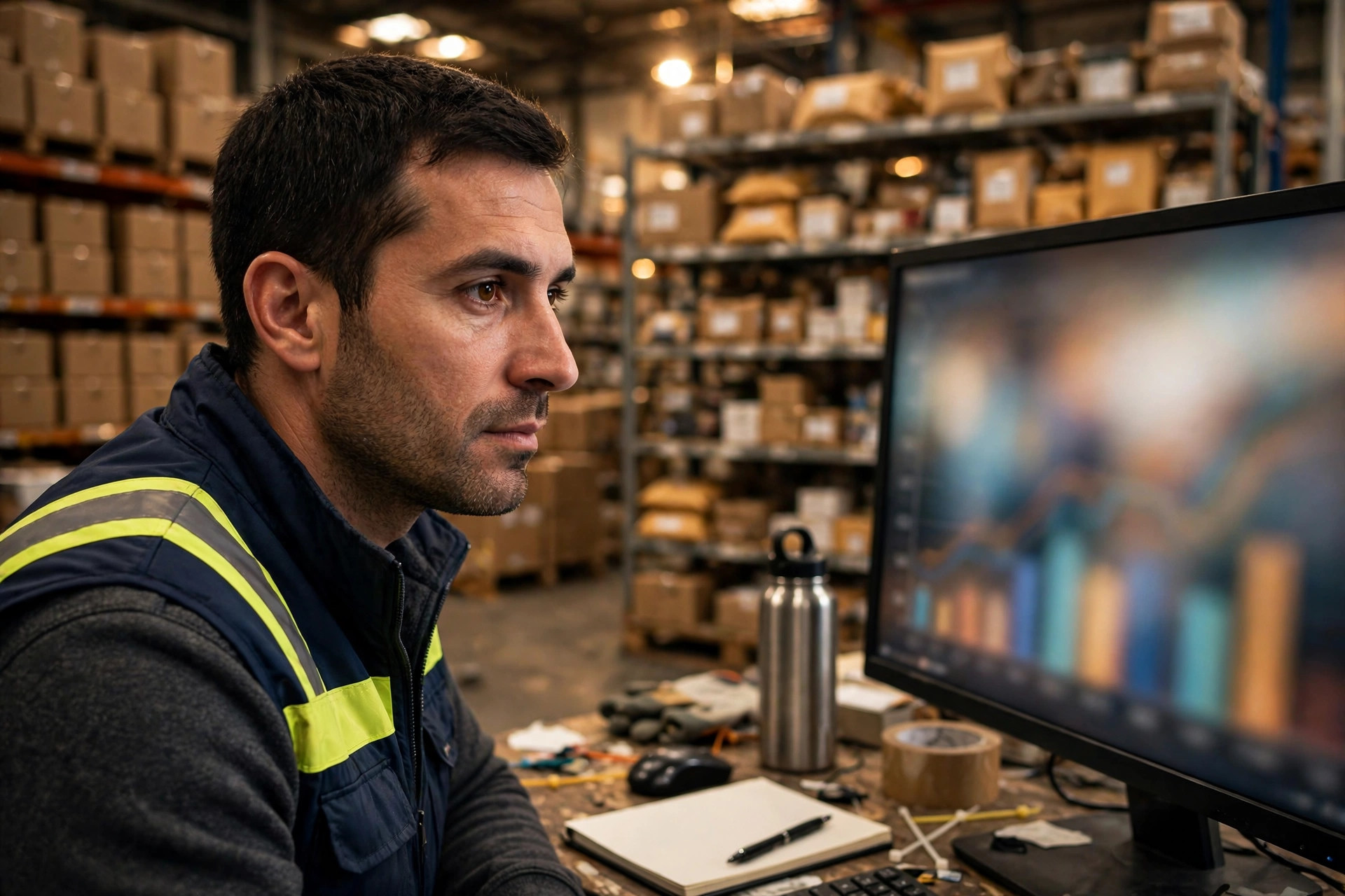 Warehouse supervisor reviewing dual-channel inventory allocation data