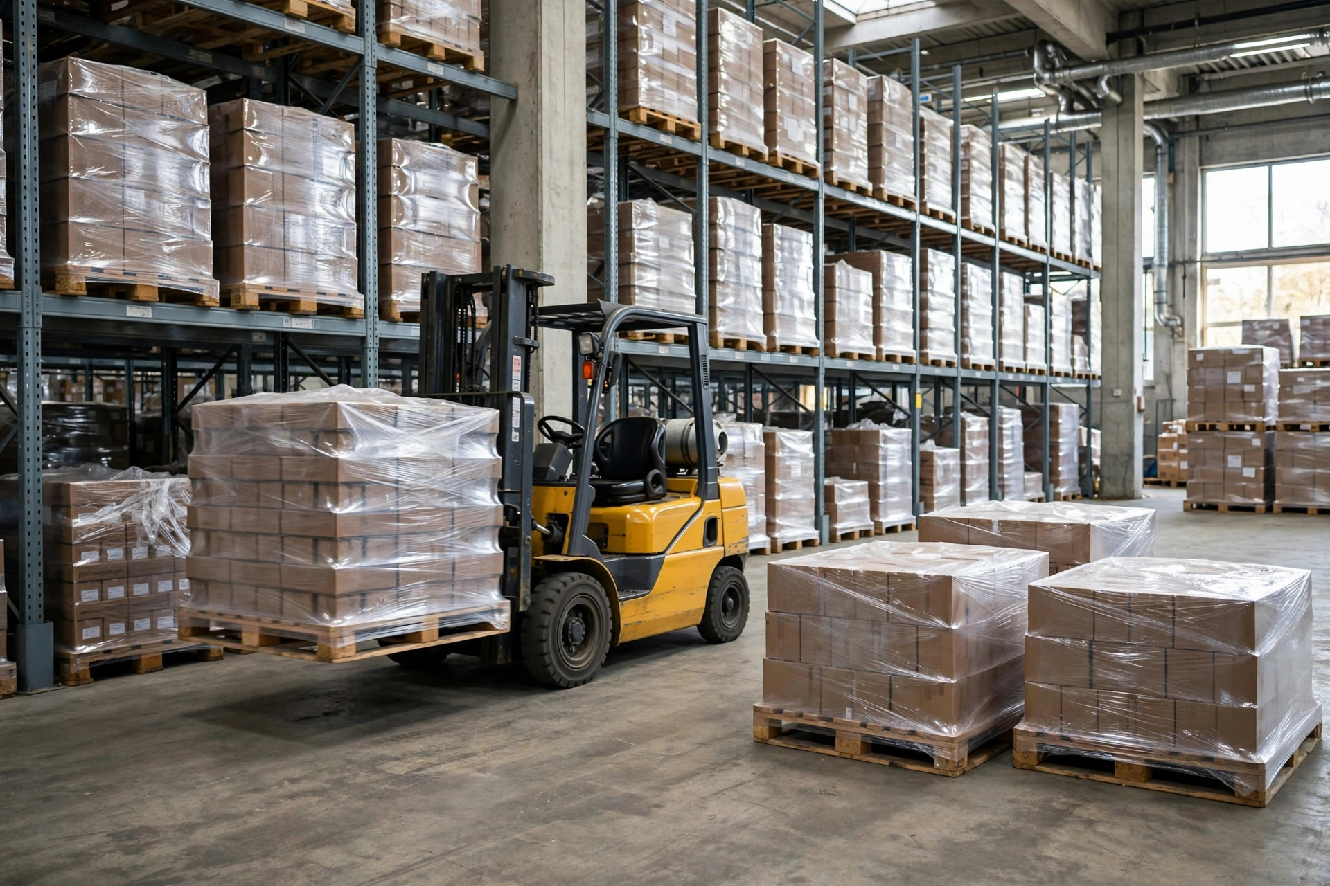 Forklift moving a pallet of aged inventory out of the racking area