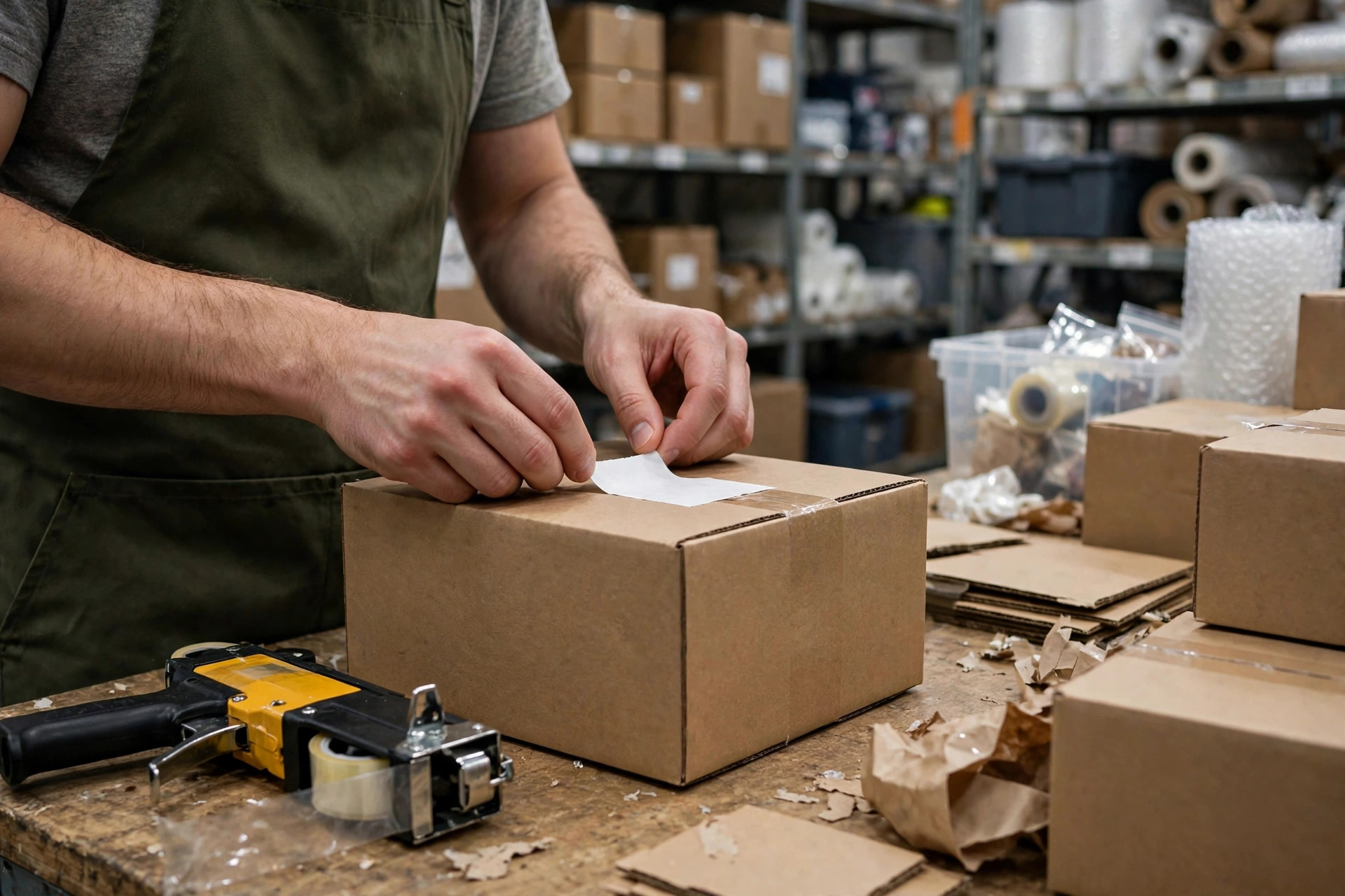 Worker applying a shipping label to a carton at a warehouse packing station