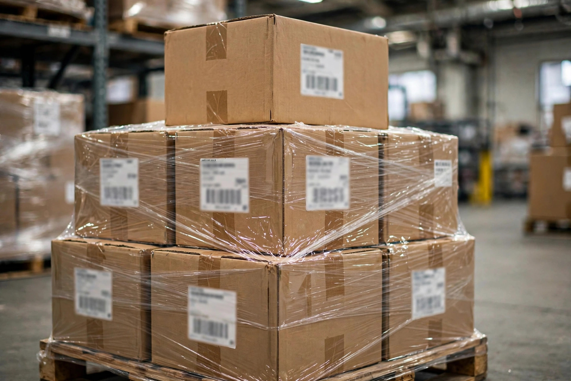 Sealed cartons with FBA shipping labels stacked in a warehouse