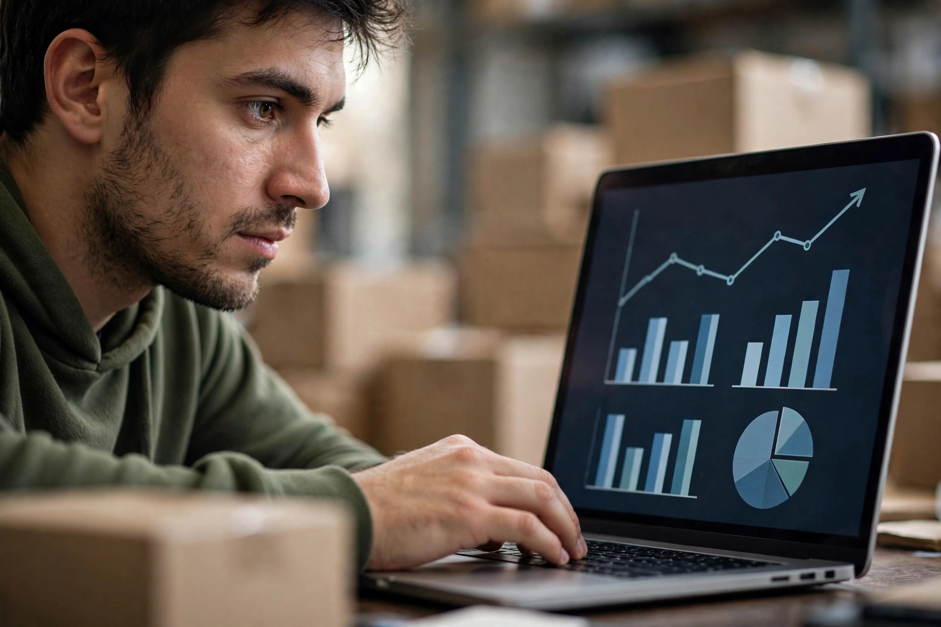 An e-commerce seller checking approval status on a laptop in a warehouse office