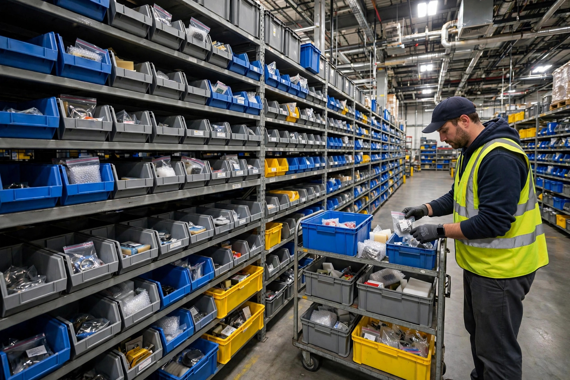 Neatly organized plastic totes of small lightweight products on warehouse shelving, a picker working the aisle