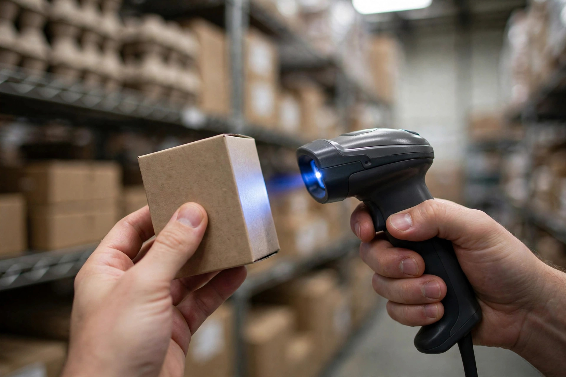 Hands scanning a product box label in a small warehouse
