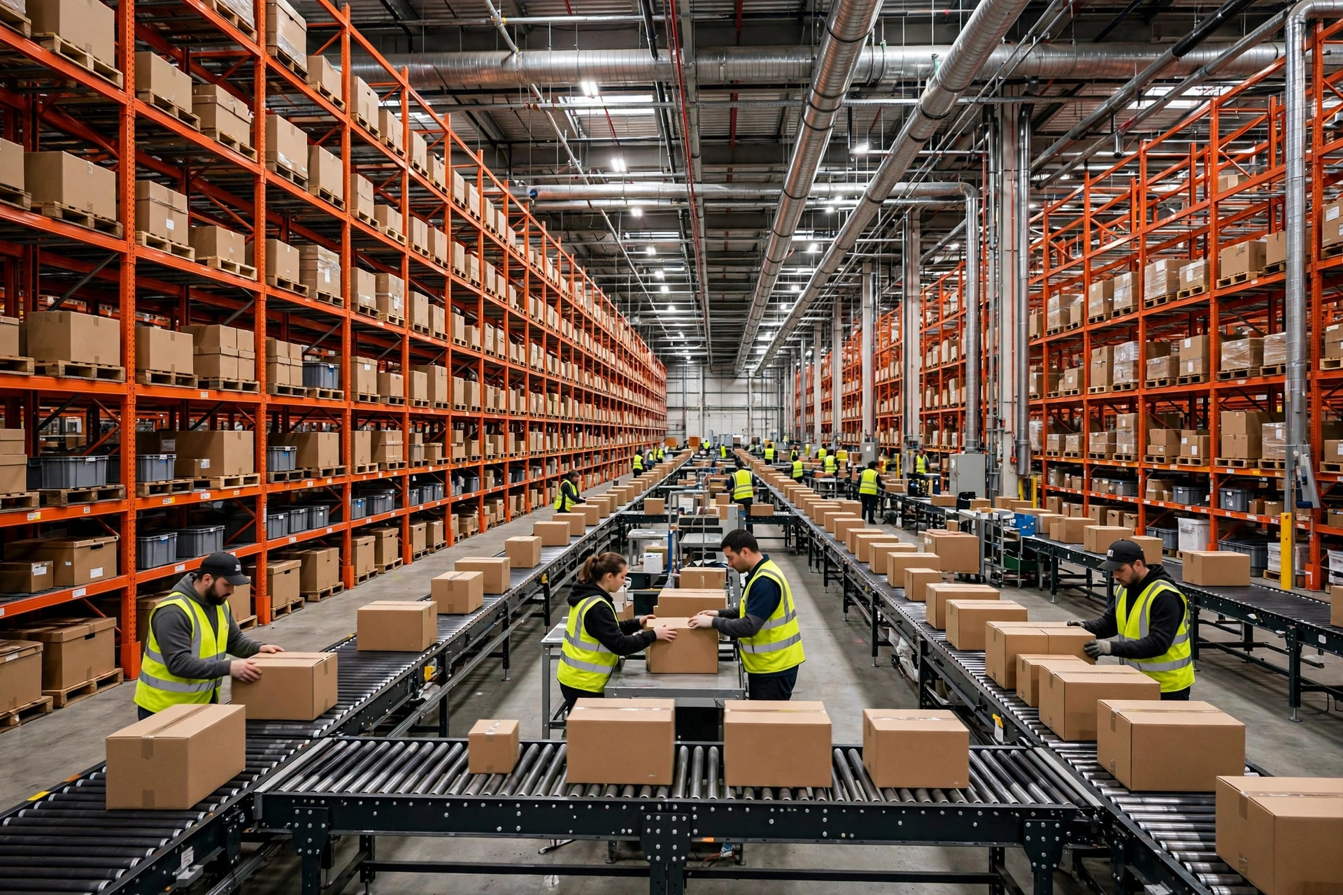 Intérieur d'un grand centre de distribution façon Amazon avec tapis roulants et rayonnages hauts
