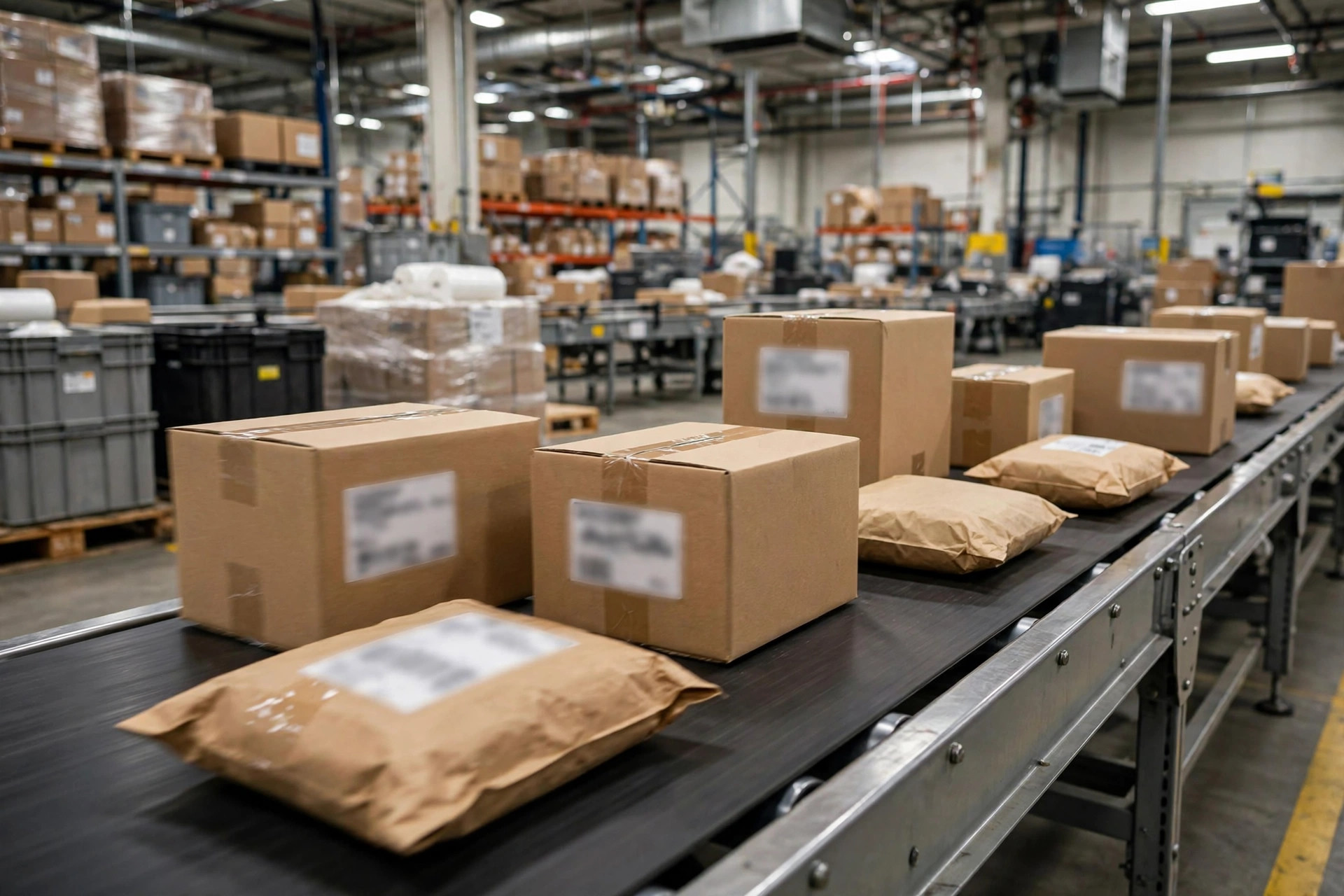 Parcels flowing on a fulfillment center conveyor