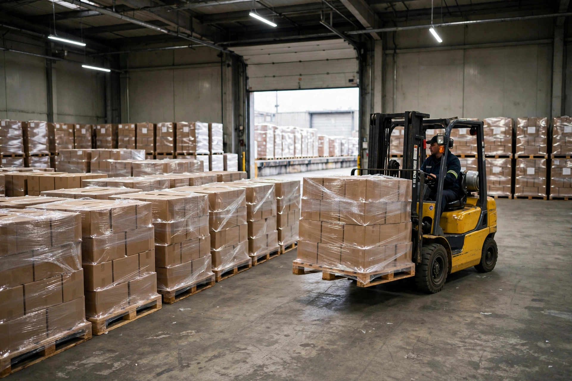 Palletized freight staged inside a warehouse awaiting shipment to Amazon