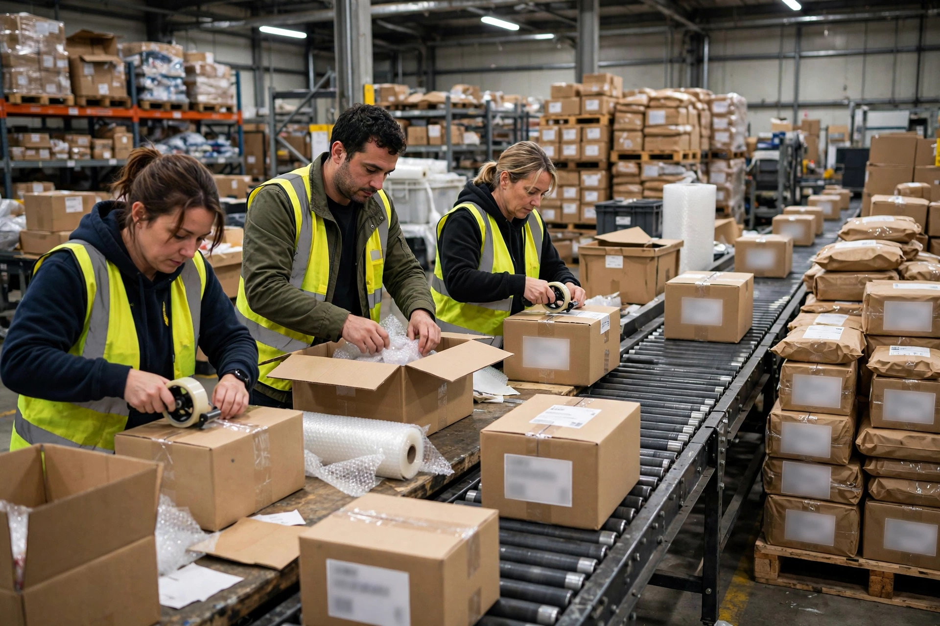 Packing station operations in an e-commerce warehouse