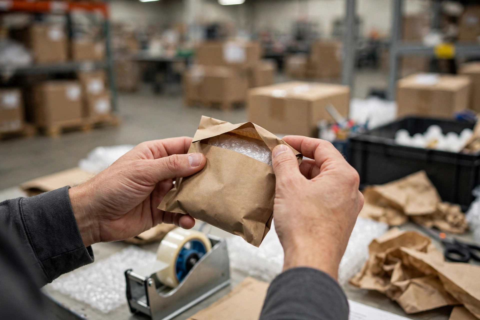 Quality-checking a small e-commerce parcel at a packing station