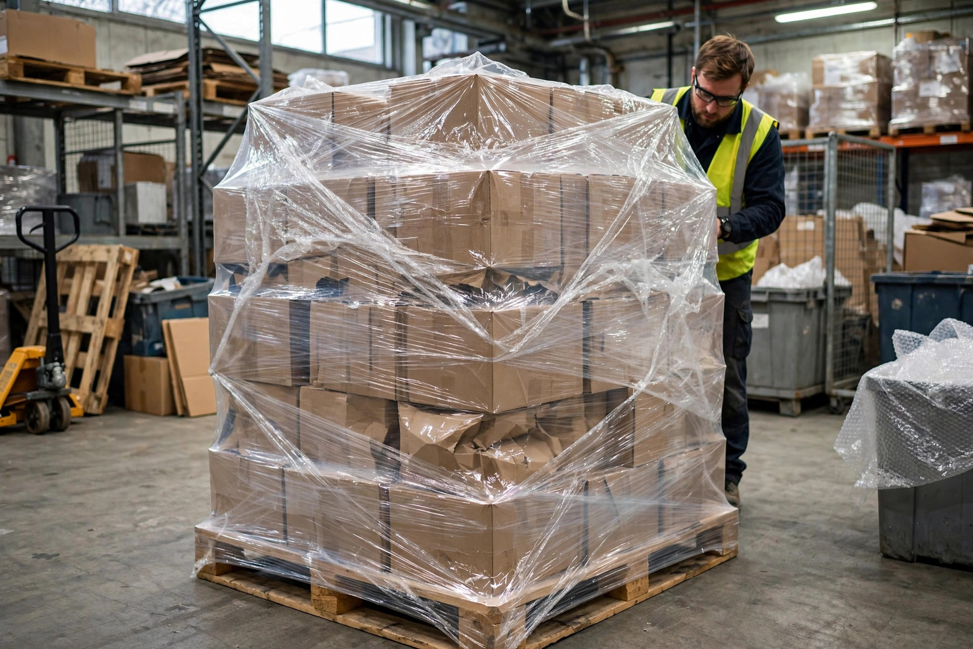 Returned palletized inventory staged in a warehouse returns area awaiting inspection