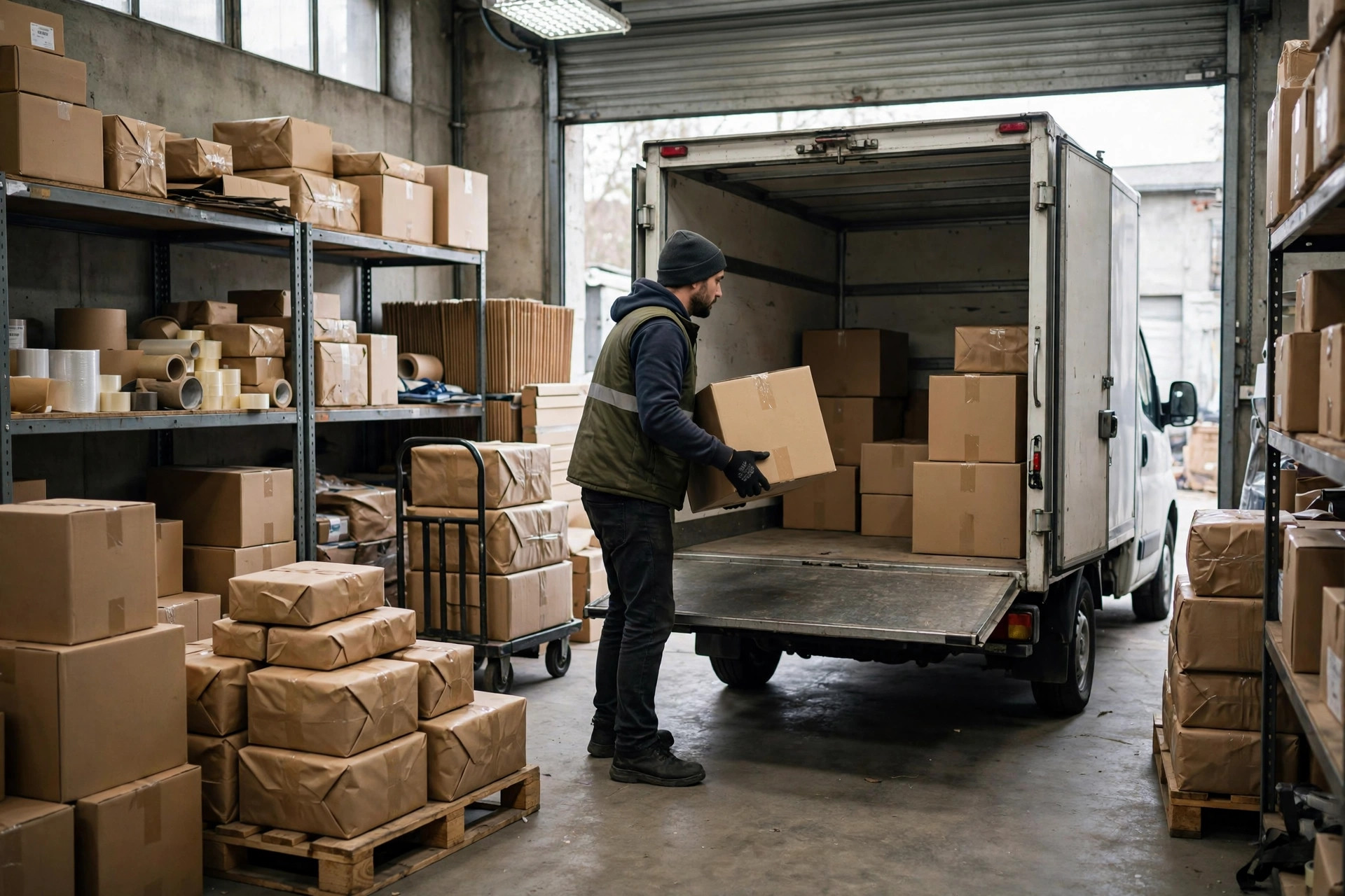 Workers loading cartons onto a box truck at a small warehouse