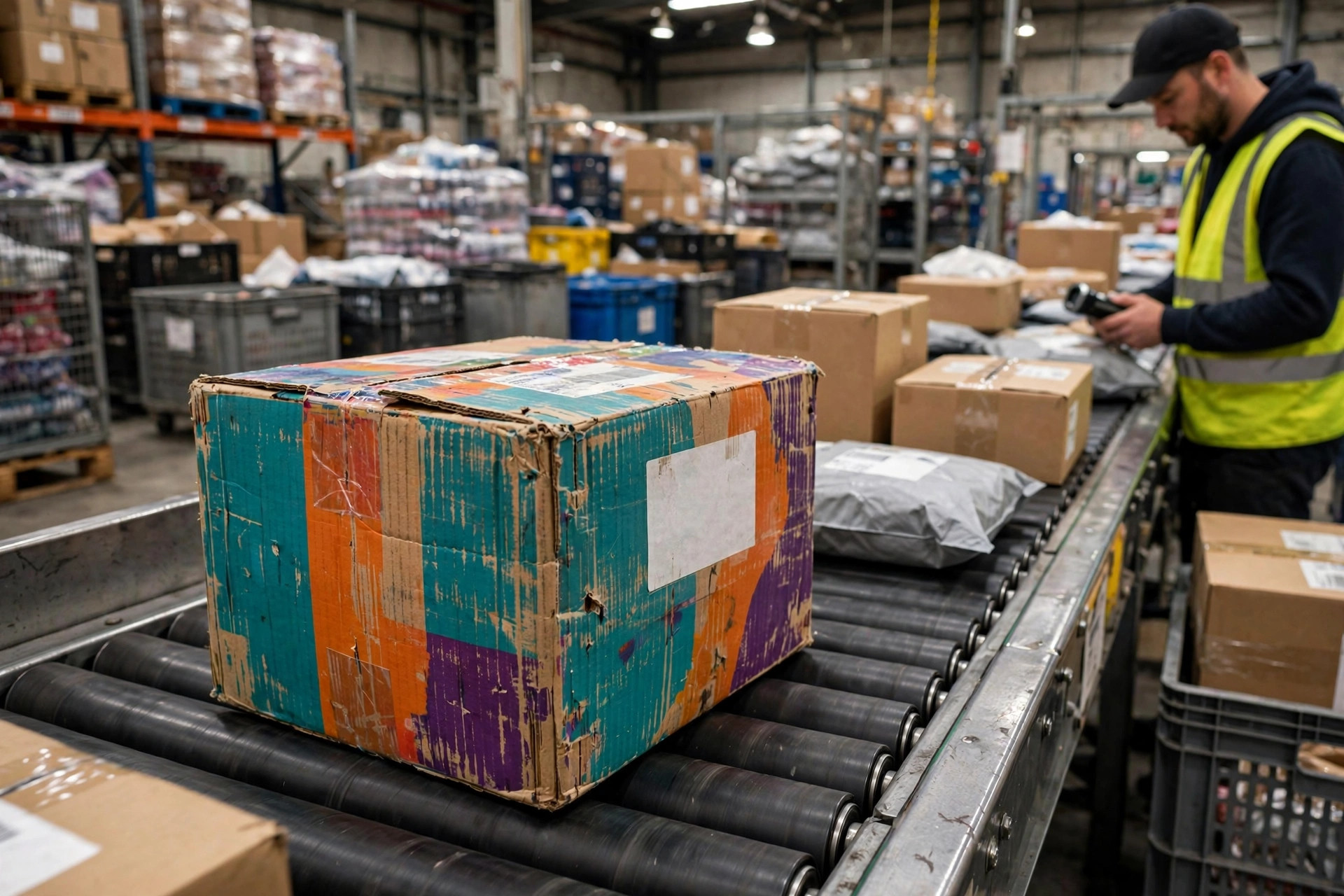 A SIOC-certified retail box traveling unprotected on a parcel sorting conveyor, no outer box