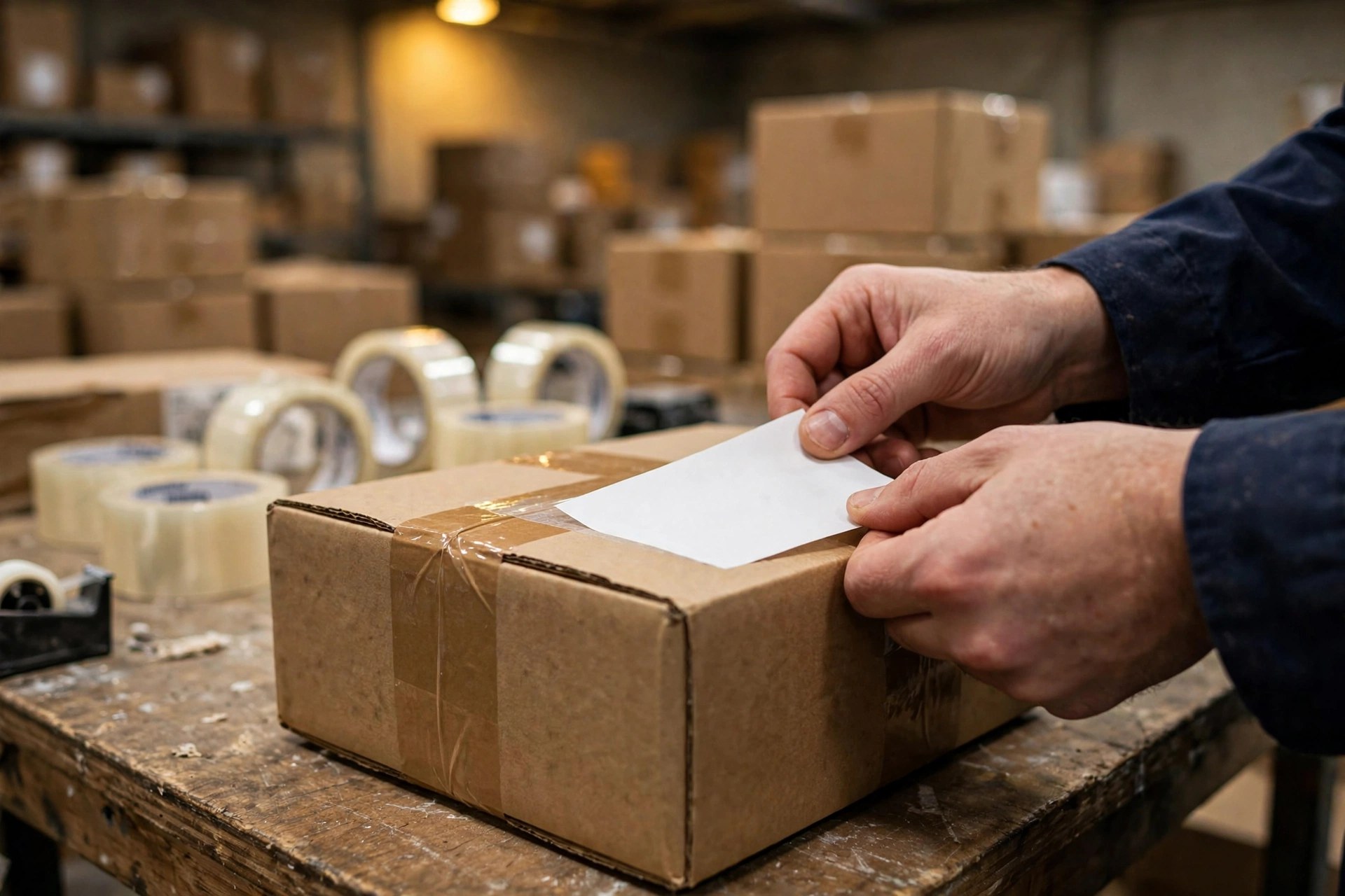 Worker applying a shipping label to a parcel at a warehouse packing station
