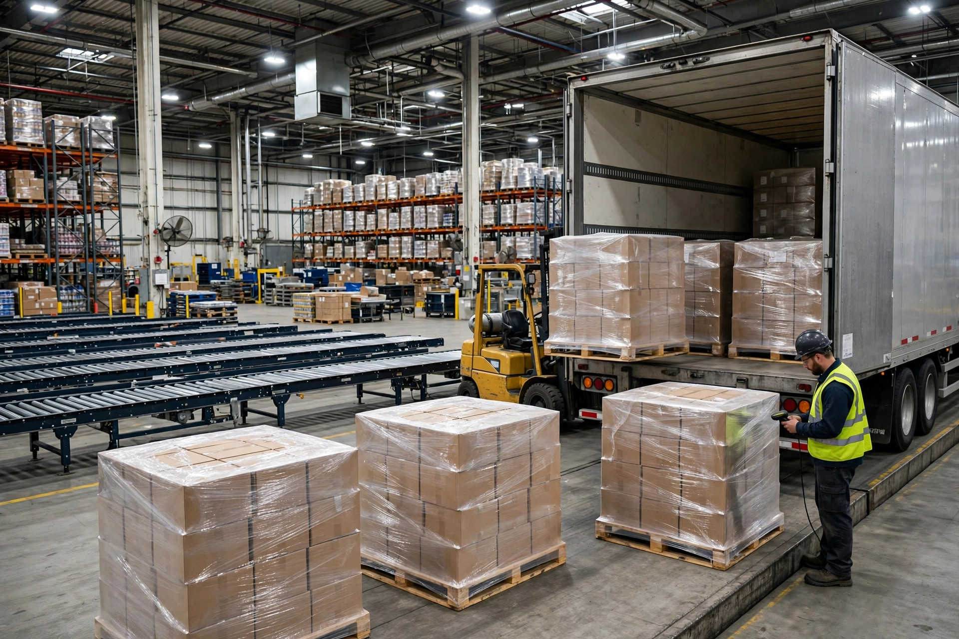 Warehouse receiving area with palletized freight being unloaded and inspected