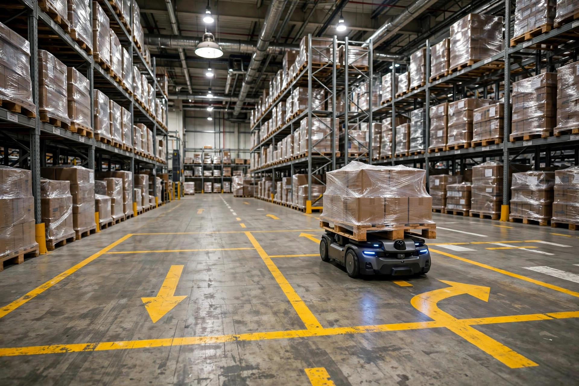 Two AMRs meeting in a narrow warehouse aisle