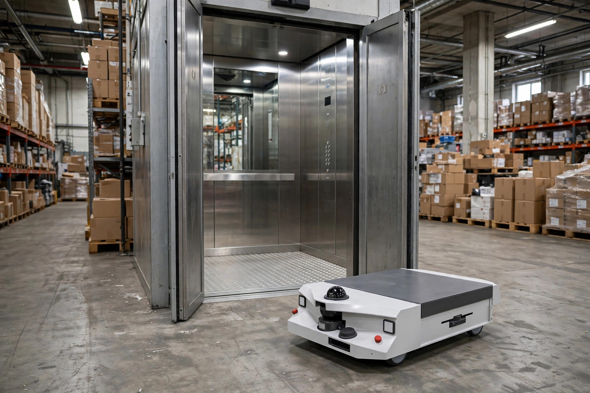 An AMR waiting at an open freight elevator