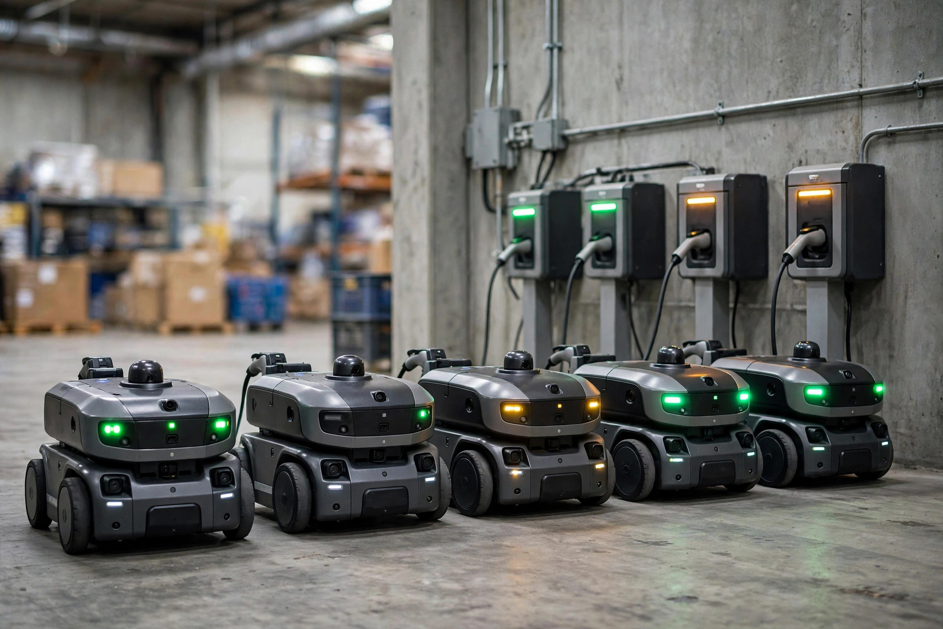 AMRs charging at a charging station