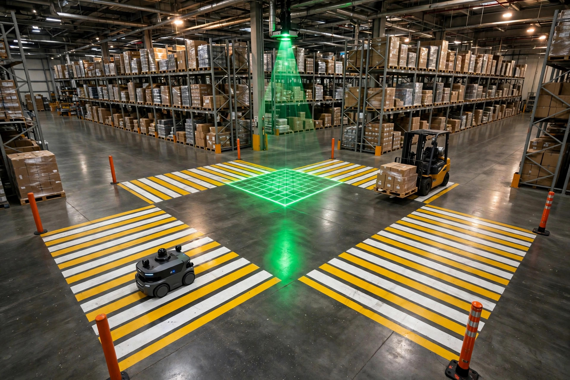 AMR and forklift meeting at a warehouse intersection, guided by floor markings and signal lights