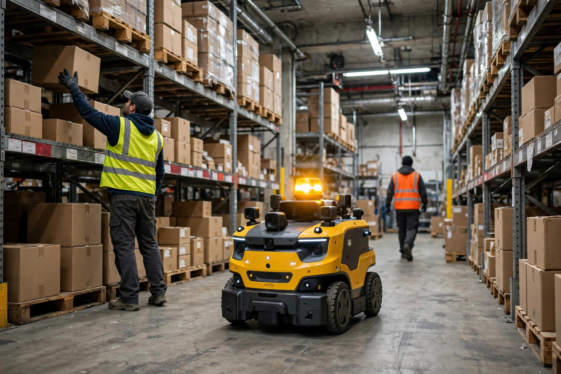 An AMR meeting a picker at an aisle crossing