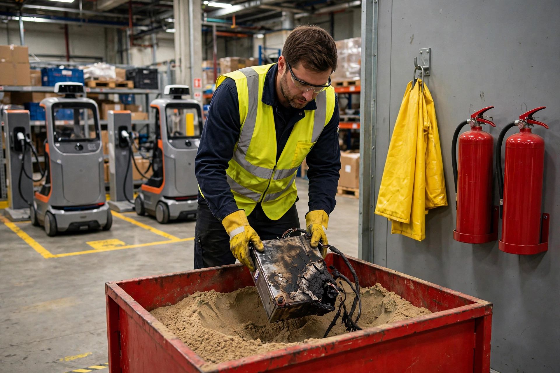 A maintenance worker placing a damaged battery pack into a sand-filled metal container for isolation