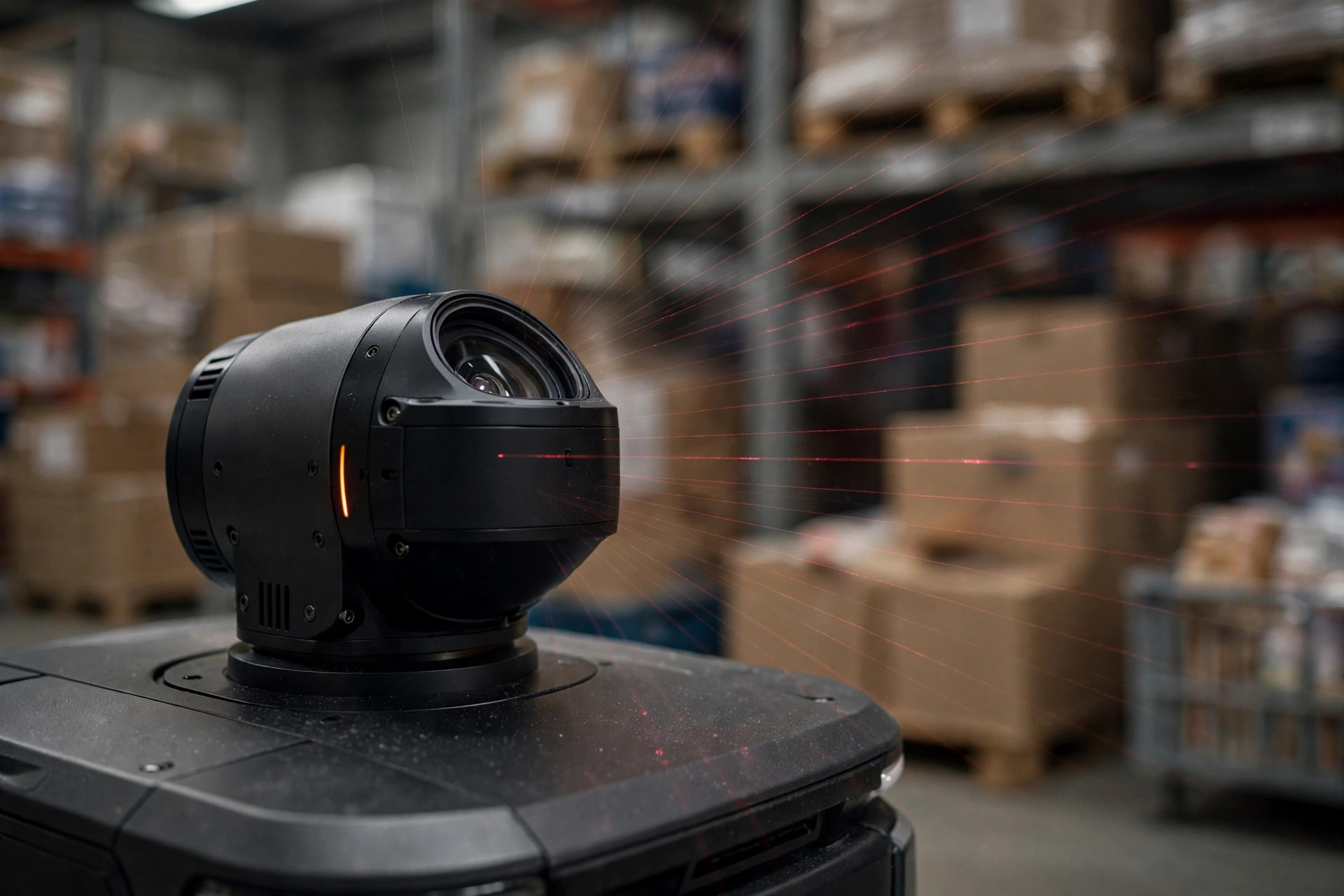 Primer plano de un sensor lidar de un AMR escaneando estanterías de almacén