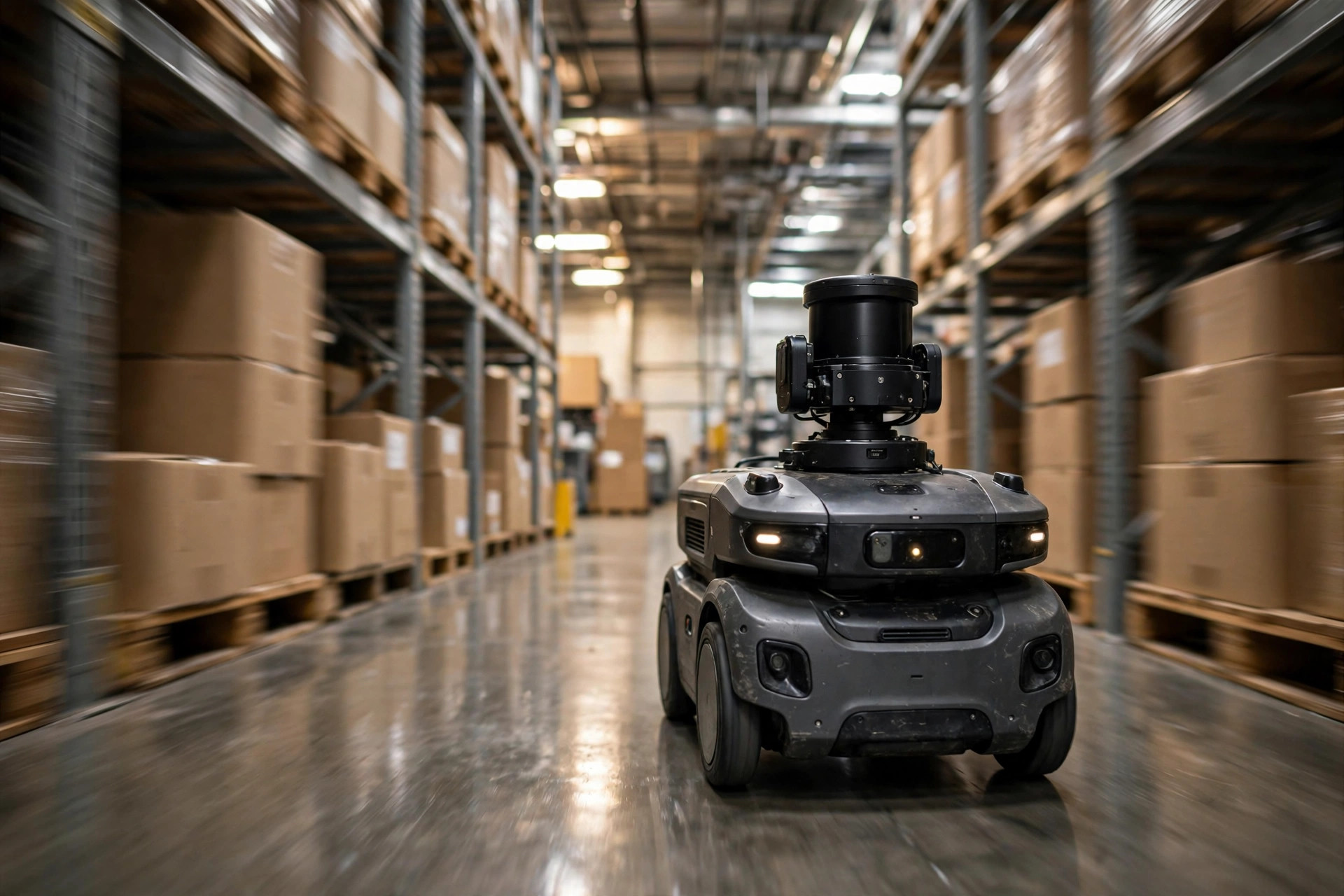 Un AMR con sensor LiDAR trabajando en un pasillo de estanterías de almacén