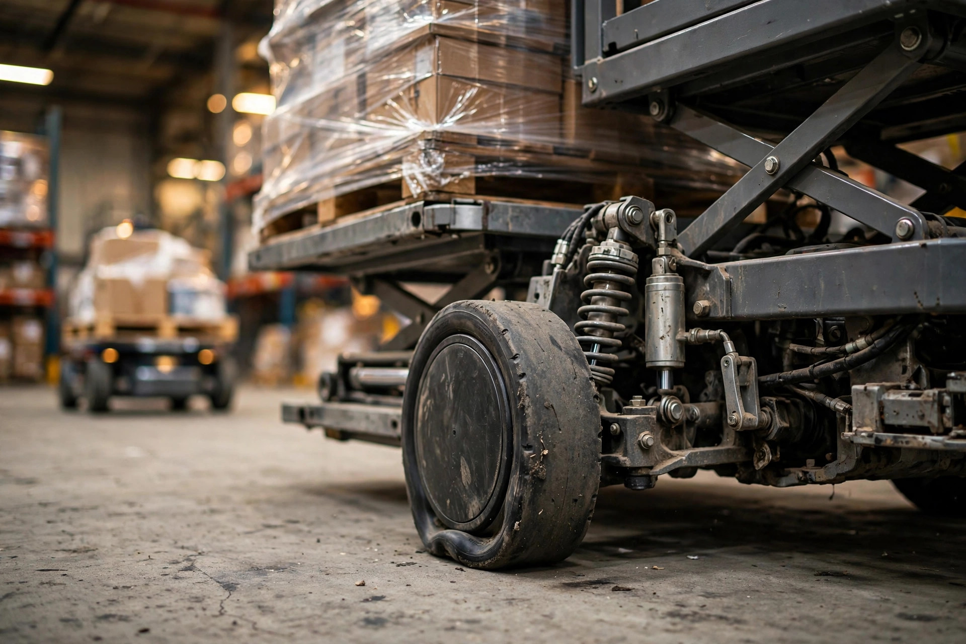 Close-up of an AMR drive wheel under heavy load, tire and suspension compressed by weight