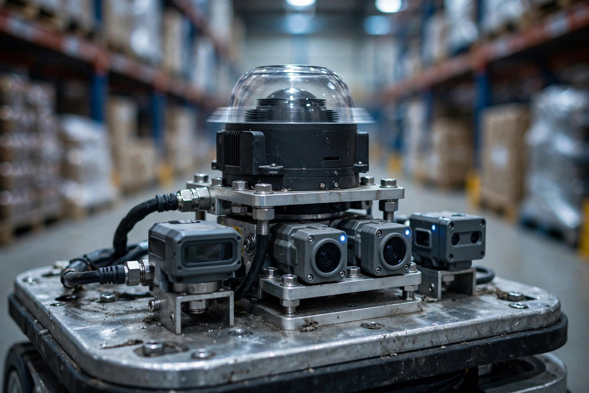 Close-up of an AMR's top-mounted LiDAR and safety scanner hardware