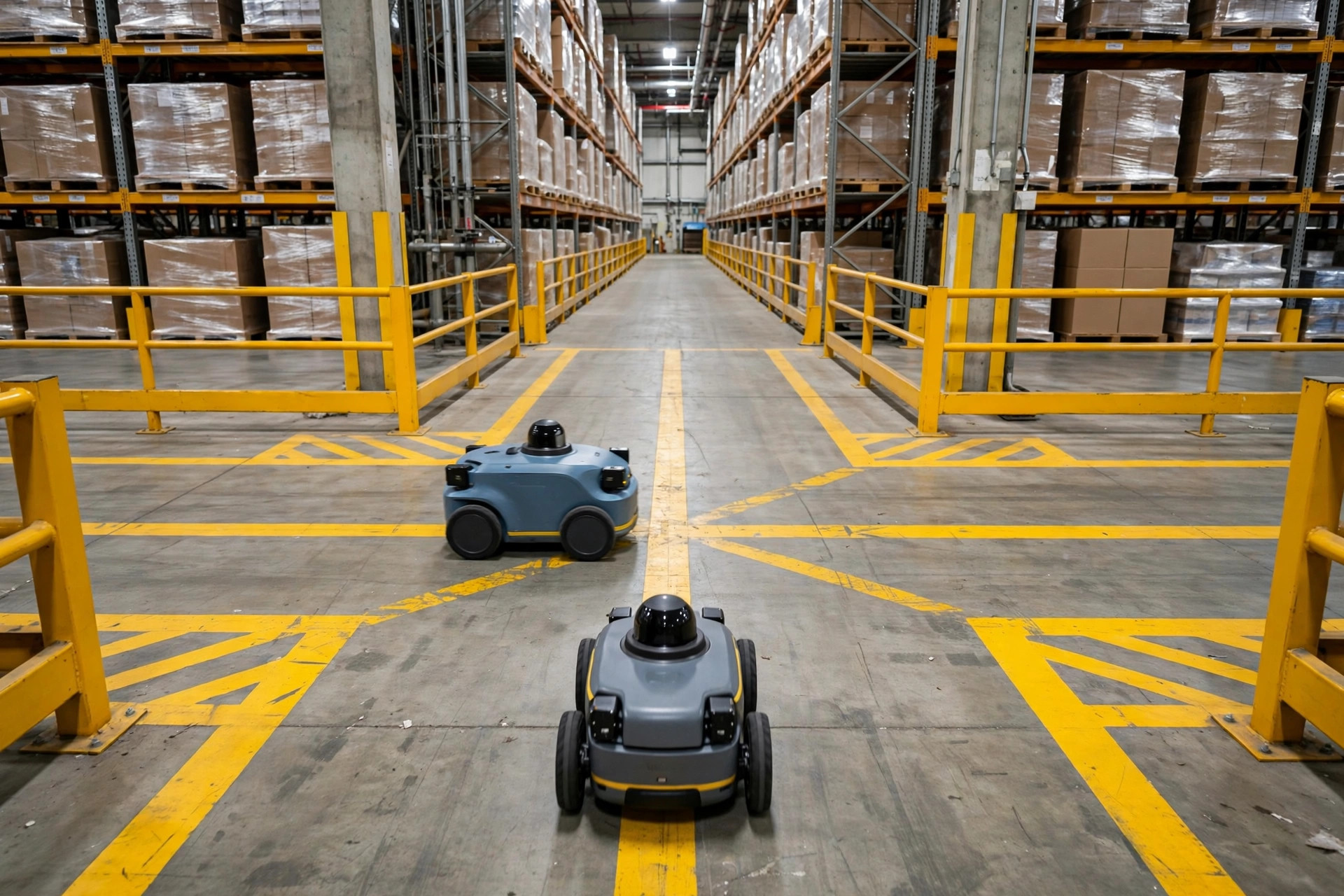 倉庫内で歩行者通路と通路を共有するAMRロボット