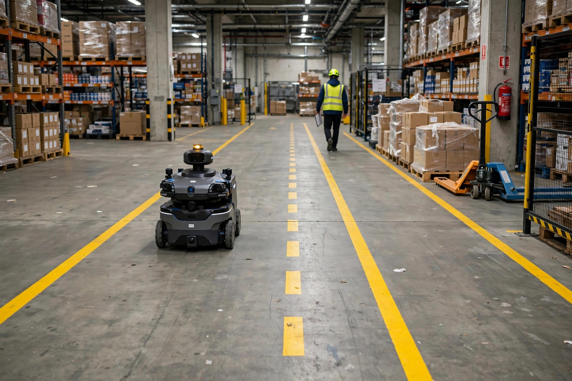 Yellow painted safety zone lines separating an AMR robot lane from a pedestrian walkway