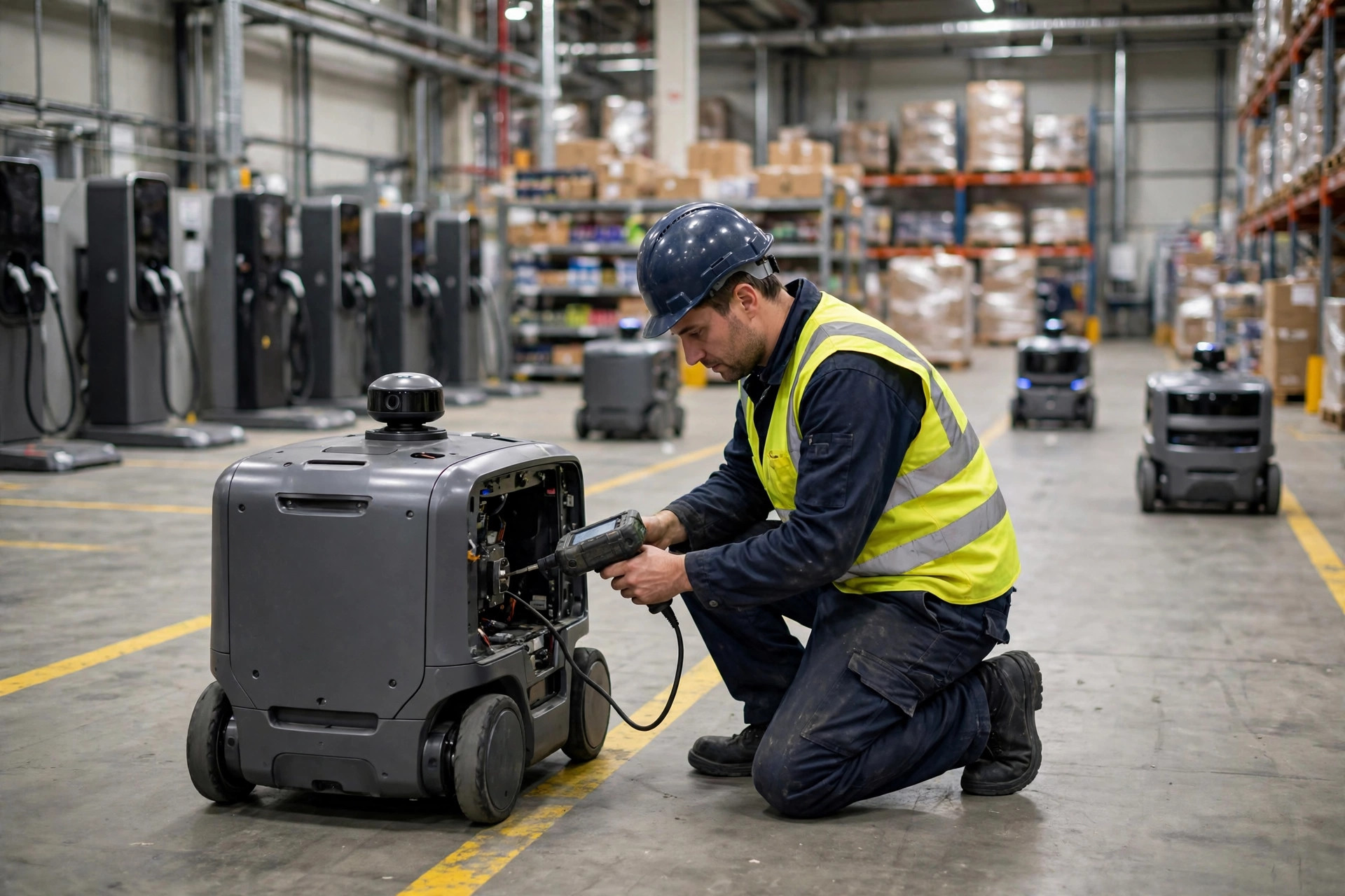 Fault isolation in action: an engineer inspects a stopped AMR while the rest of the fleet routes around it