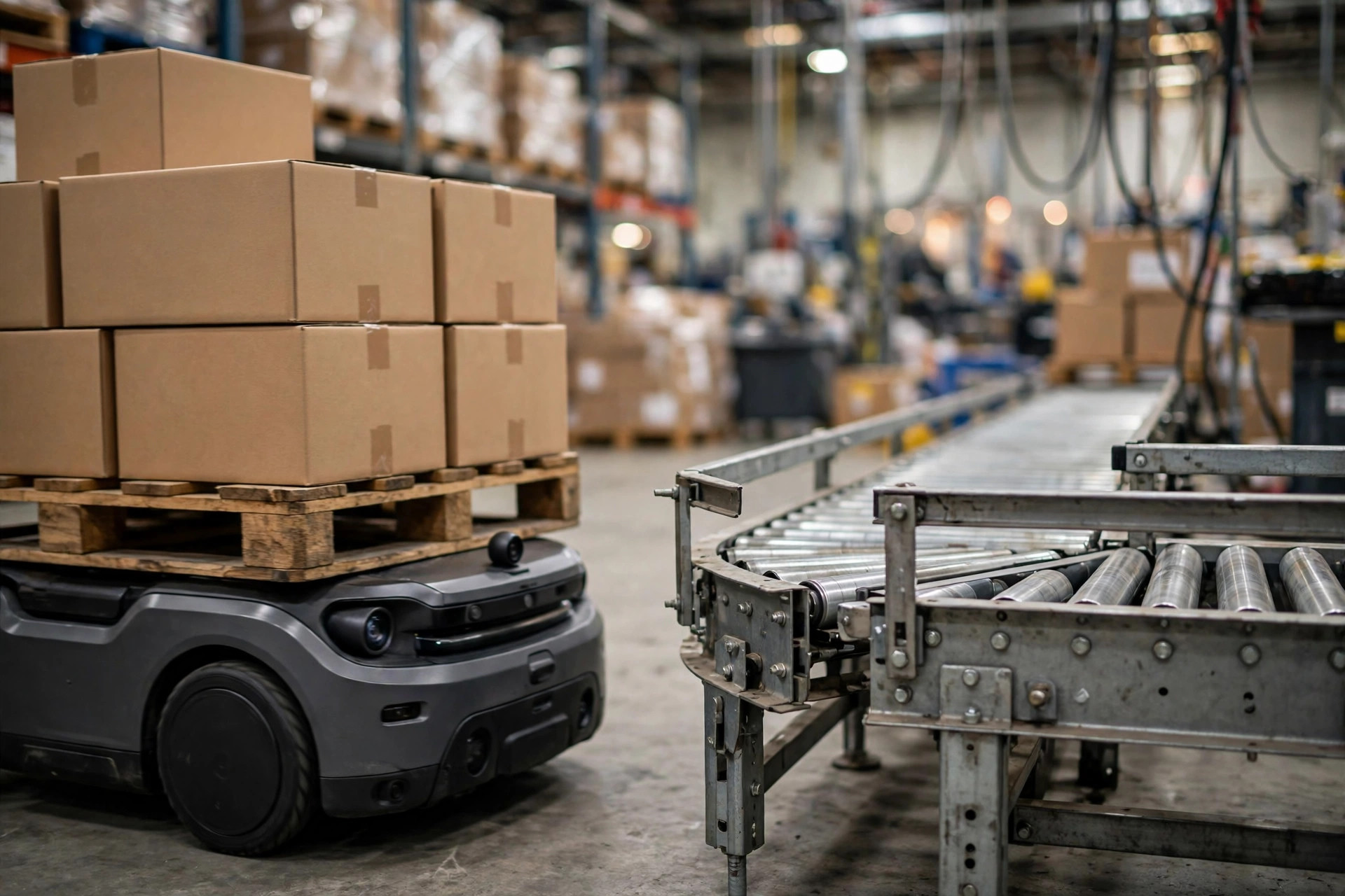 An AMR carrying a pallet passes a roller conveyor