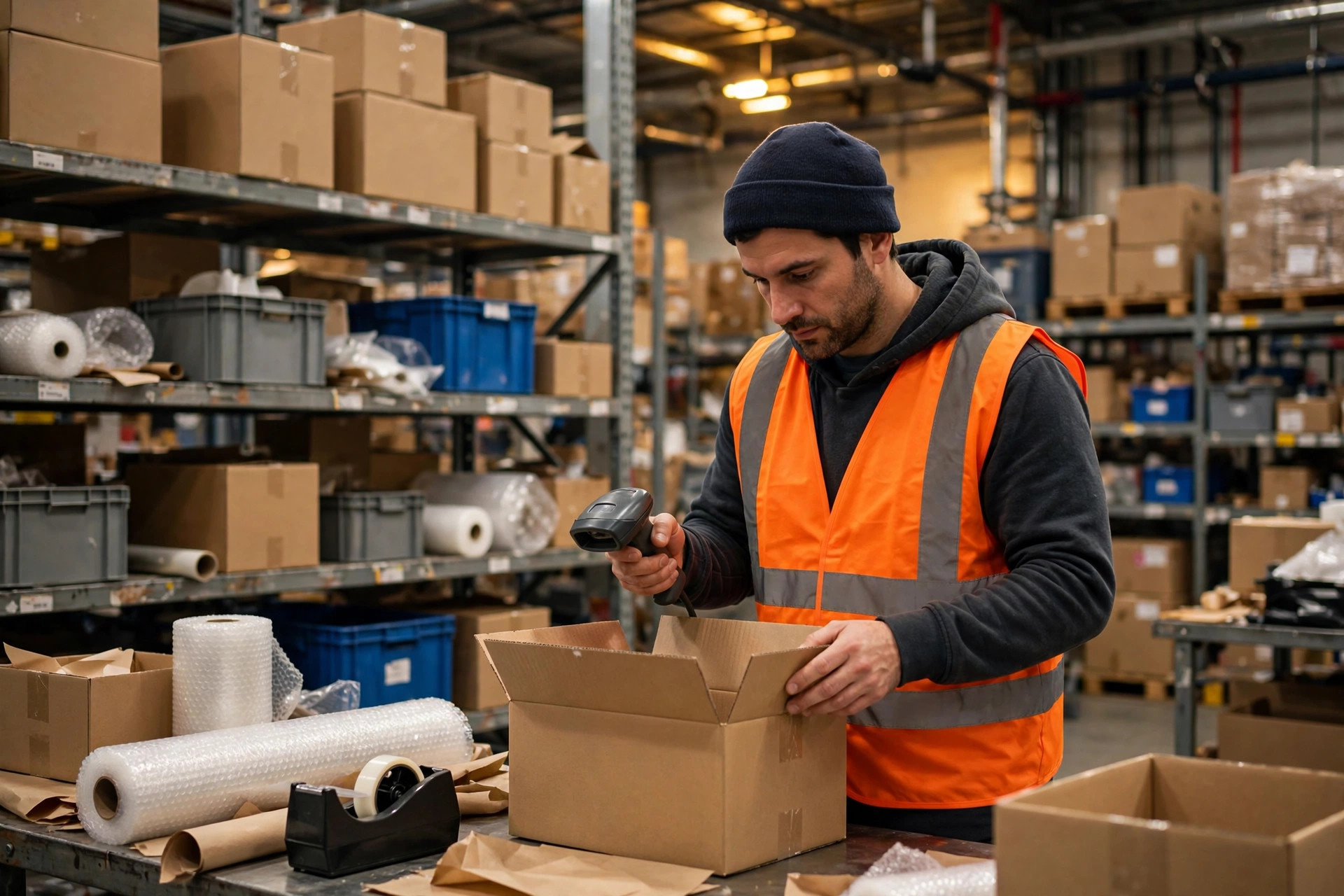 Employé d'entrepôt à un poste de conditionnement vérifiant une étiquette d'expédition avec un lecteur de codes-barres