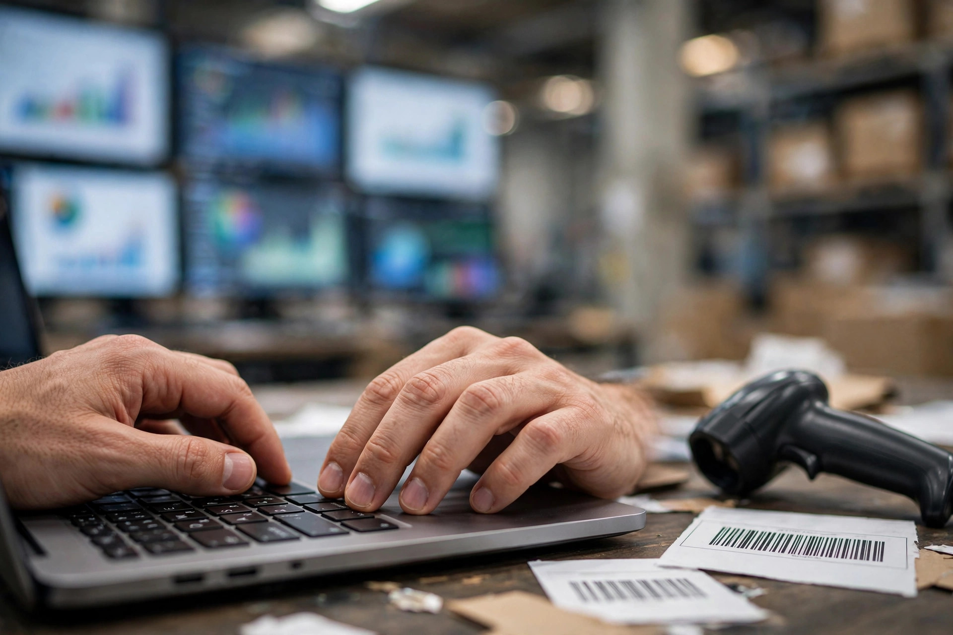 Hands typing on a laptop in a warehouse office