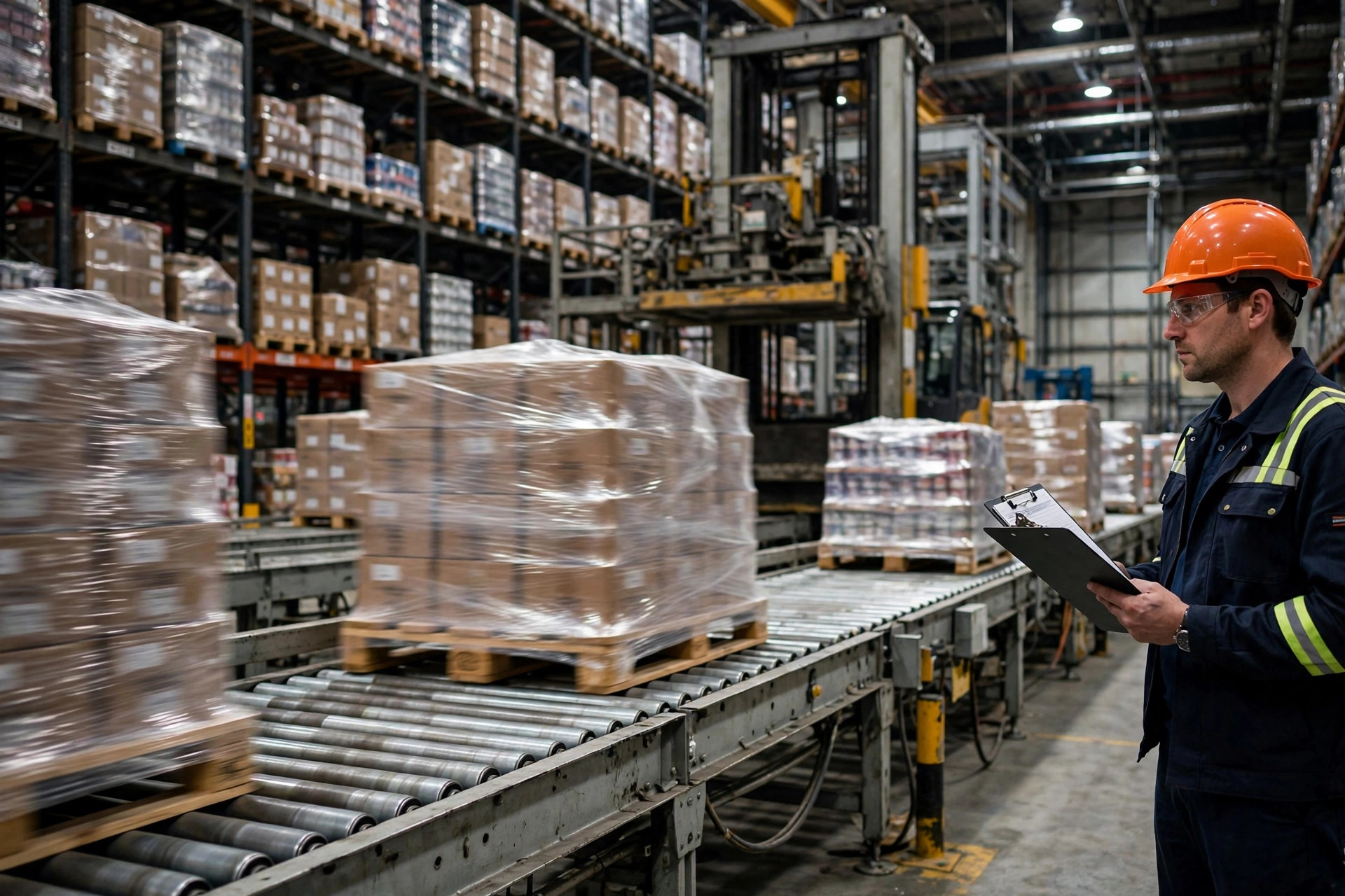 Engineers observing continuous pallet infeed during ASRS acceptance testing