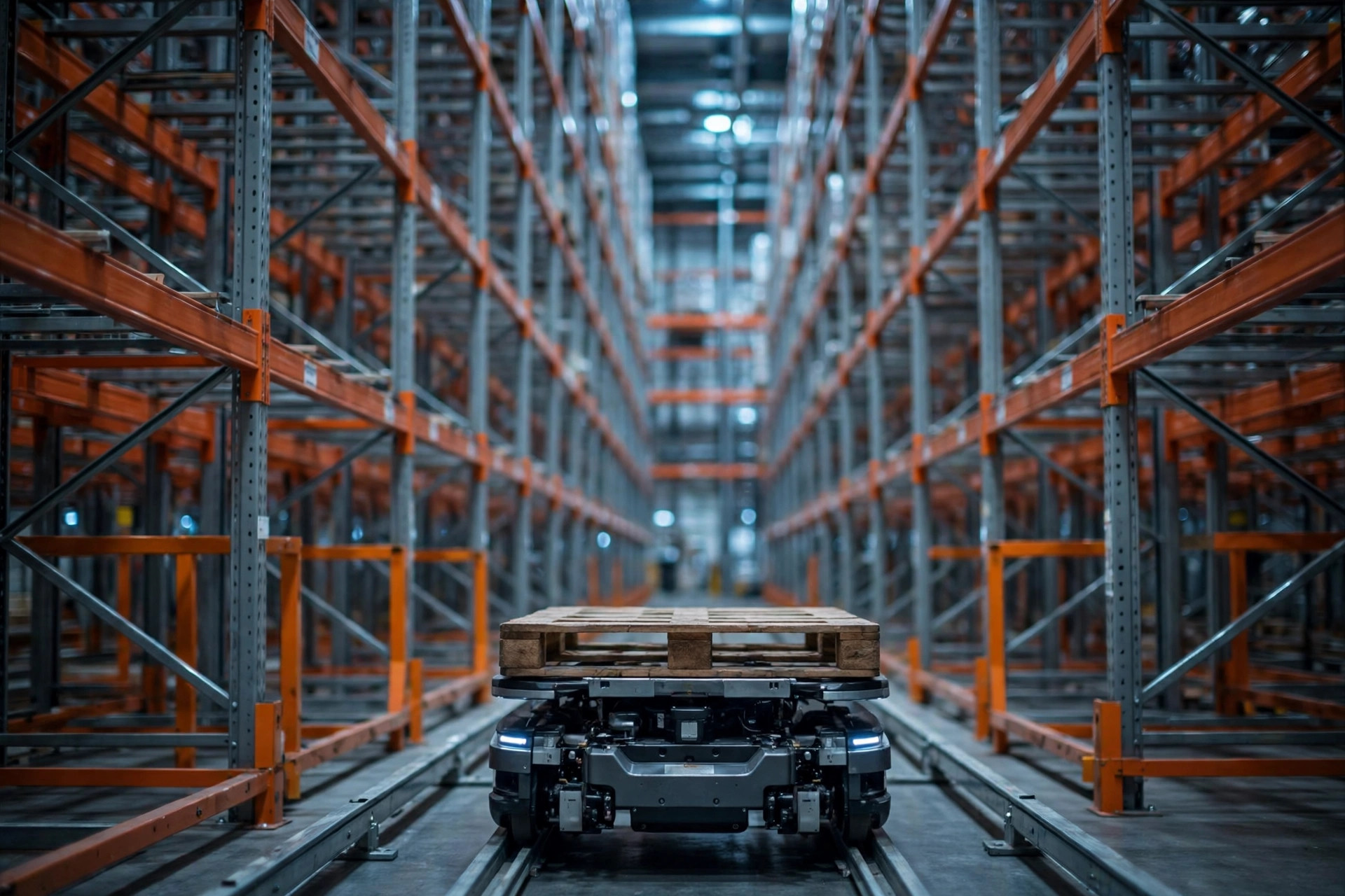 Four-way shuttle robot carrying a pallet in high-bay automated racking