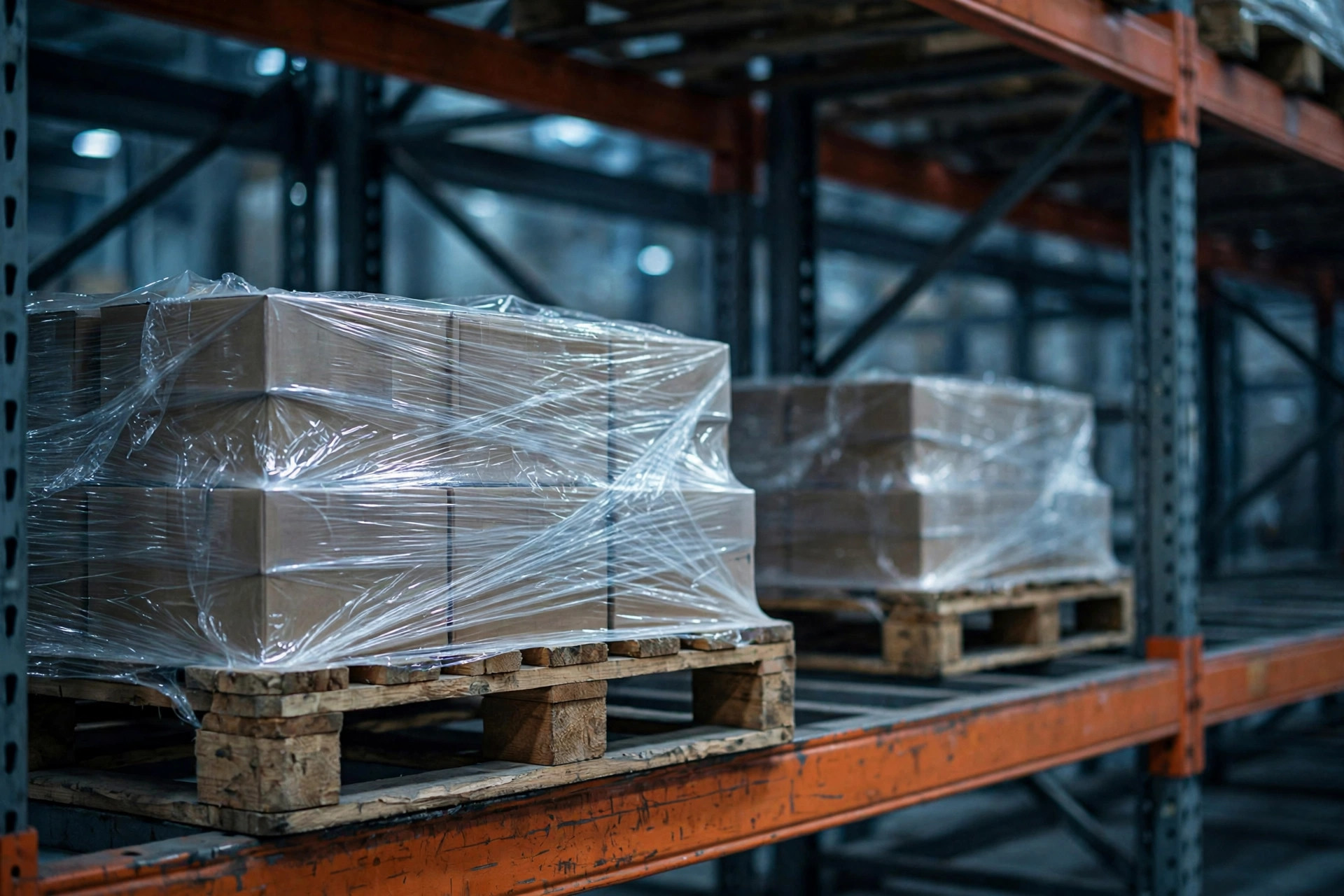 Vigas de rack de doble profundidad con palets, primer plano industrial