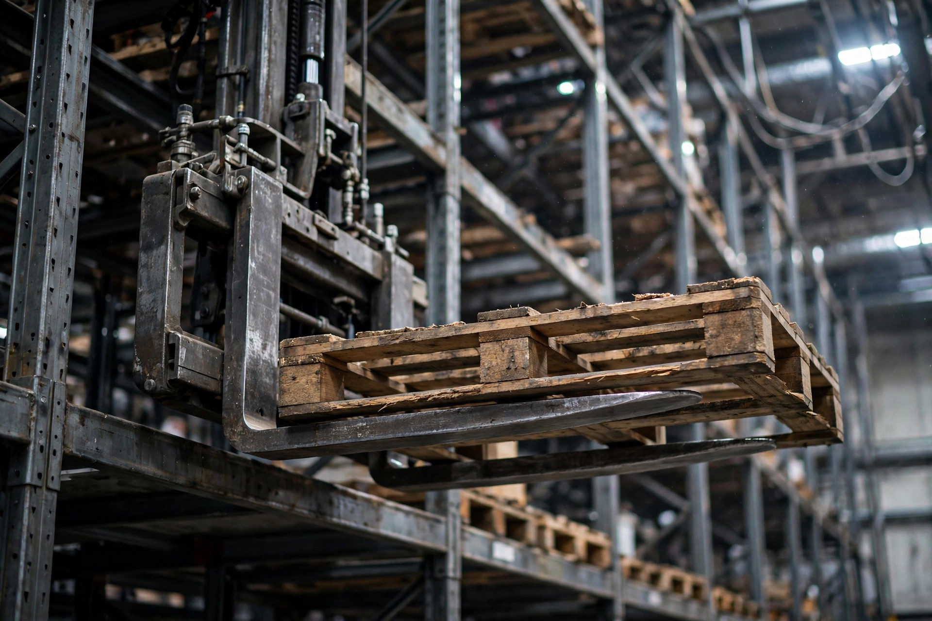Close-up of a stacker crane fork picking a pallet from a high rack slot