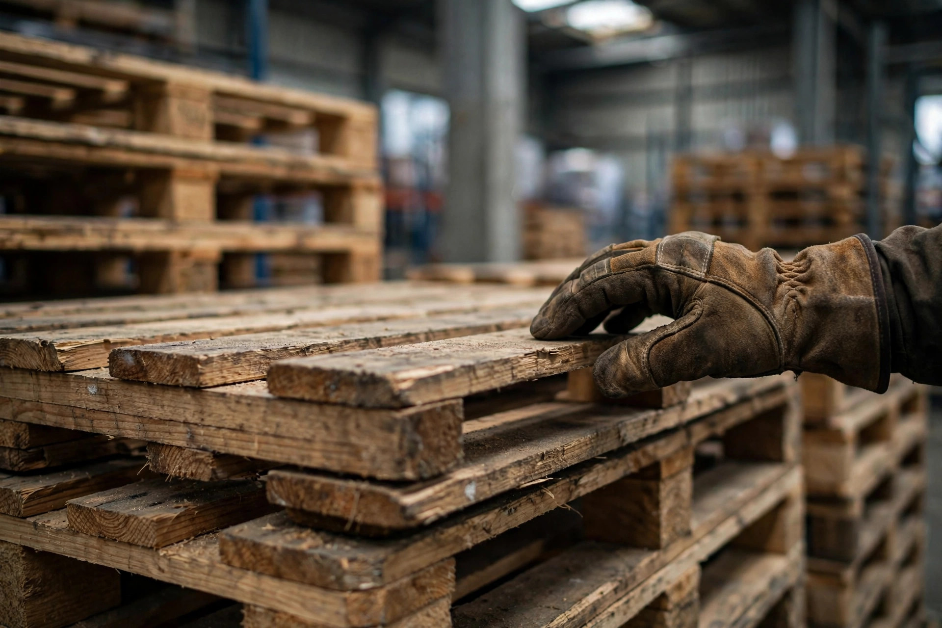 Inspección de cerca de pallets de madera apilados