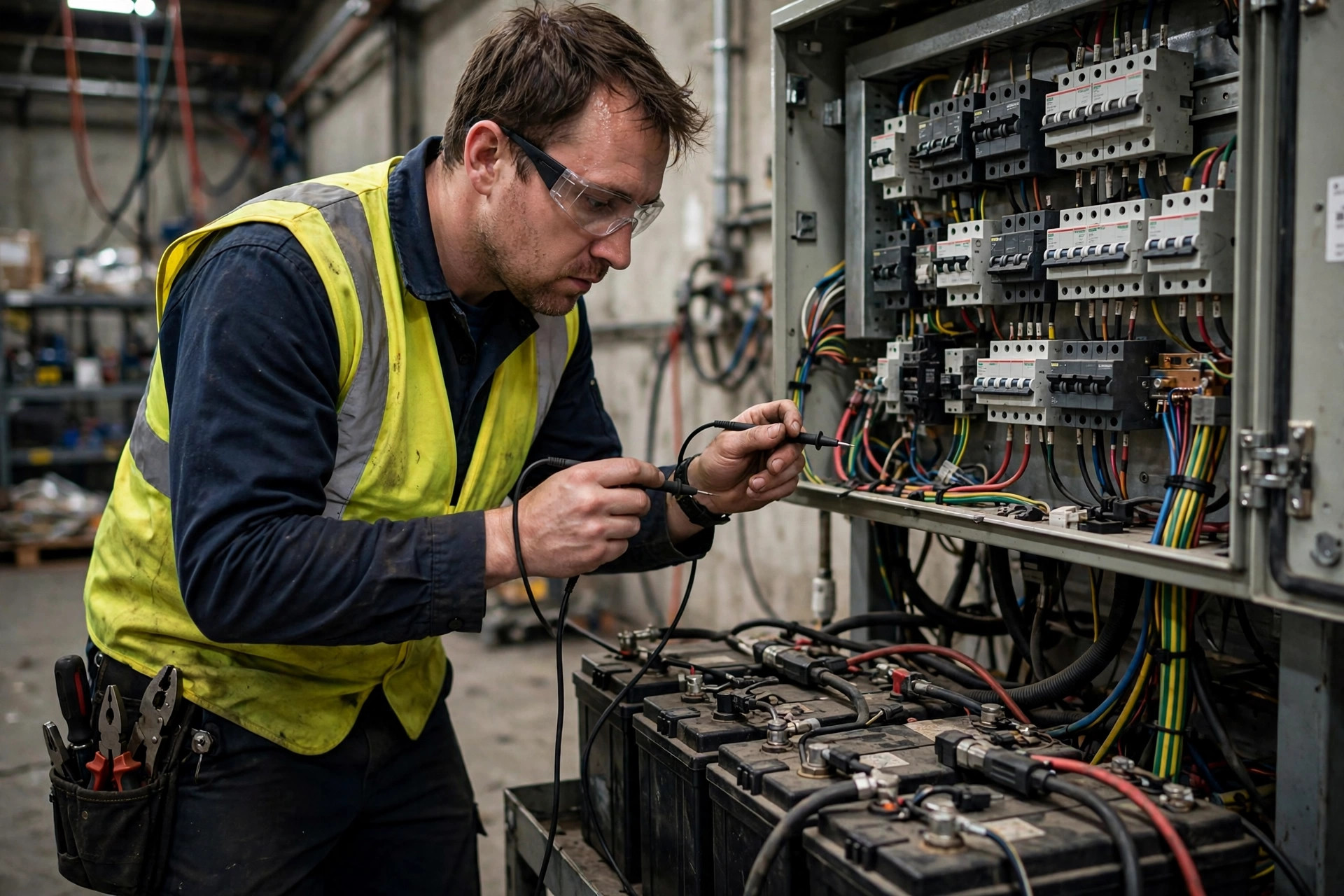 Técnico inspeccionando el equipo eléctrico de emergencia