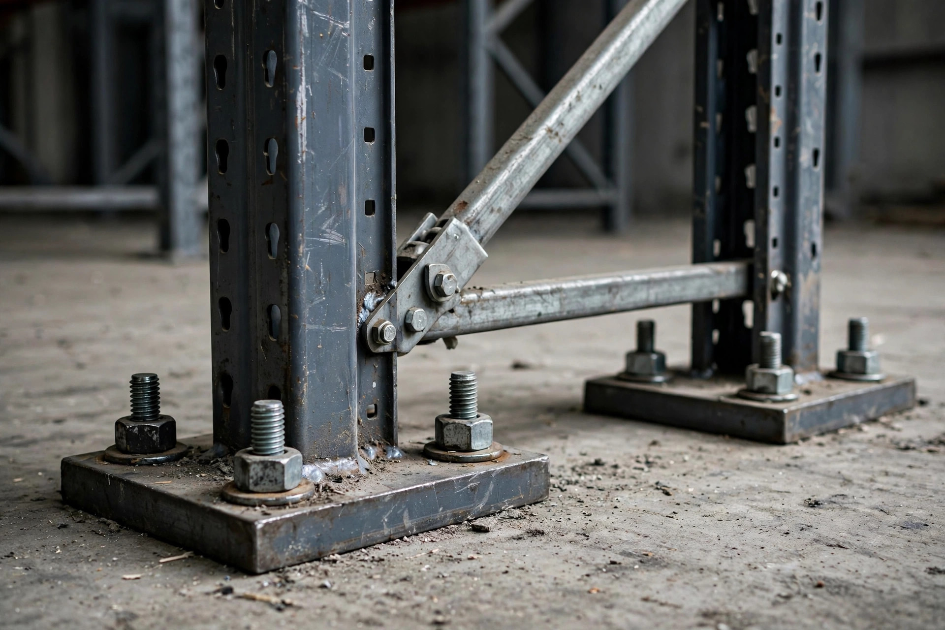 Close-up of ASRS rack base plates, anchor bolts and seismic cross bracing
