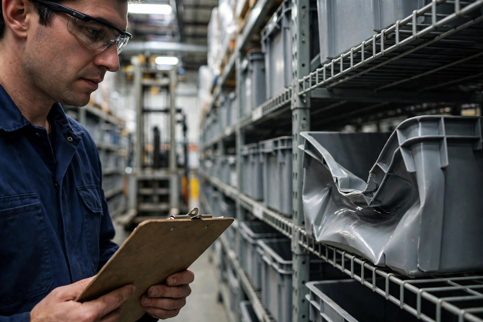 A maintenance technician inspecting a visibly warped plastic tote on ASRS racking